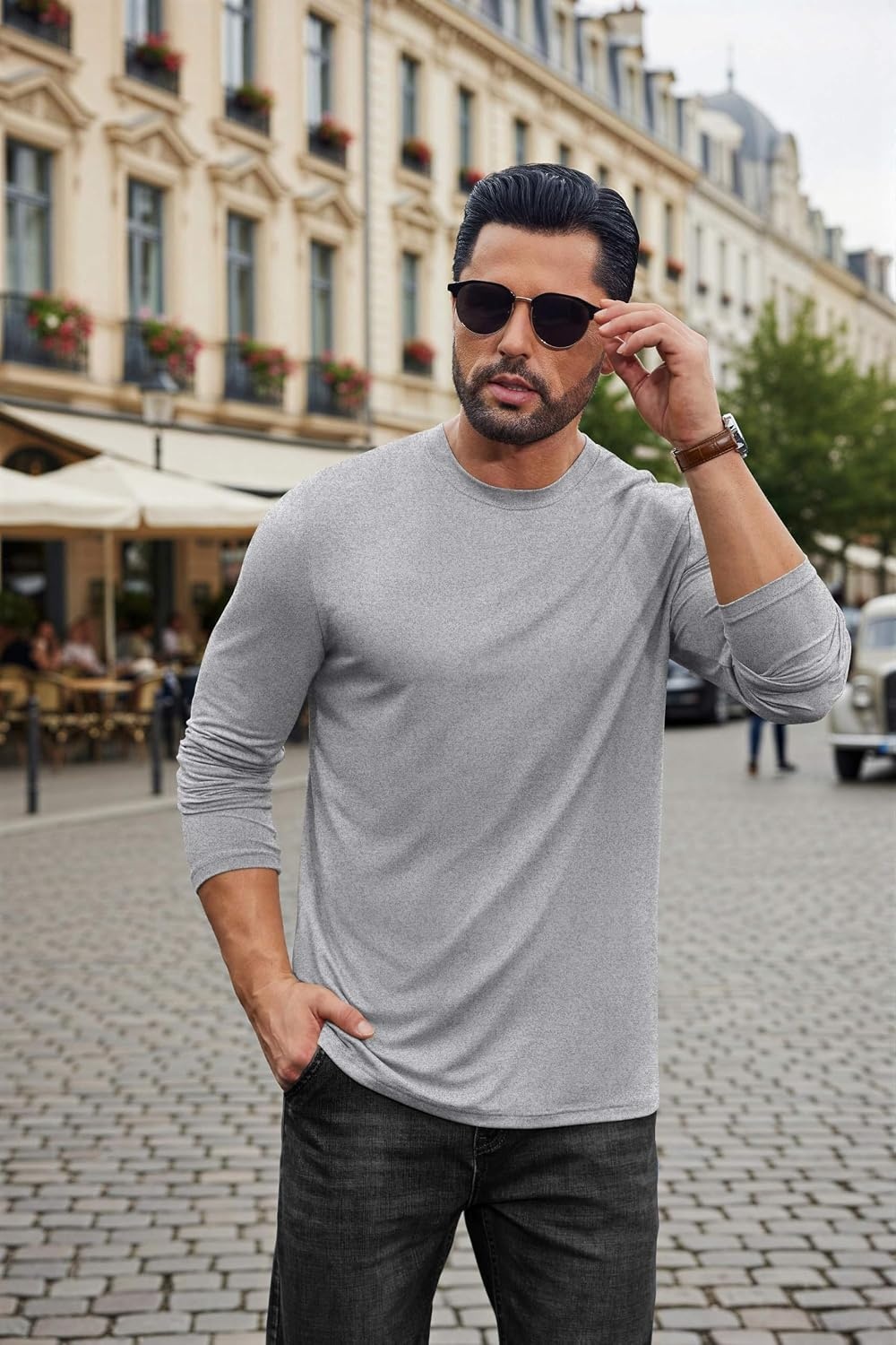 image:imageCOOFANDY Mens Long Sleeve Tee Shirts Stretch Crew Neck Thermal Shirts Casual T Shirts for MenHeather Grey