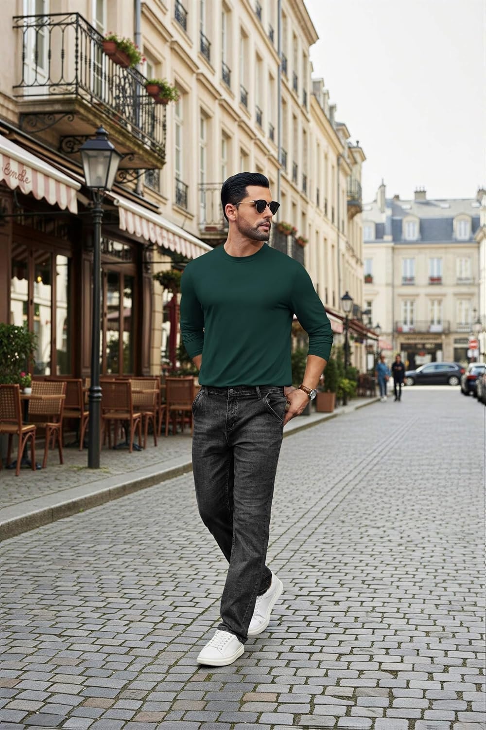 image:imageCOOFANDY Mens Long Sleeve Tee Shirts Stretch Crew Neck Thermal Shirts Casual T Shirts for MenLake Green