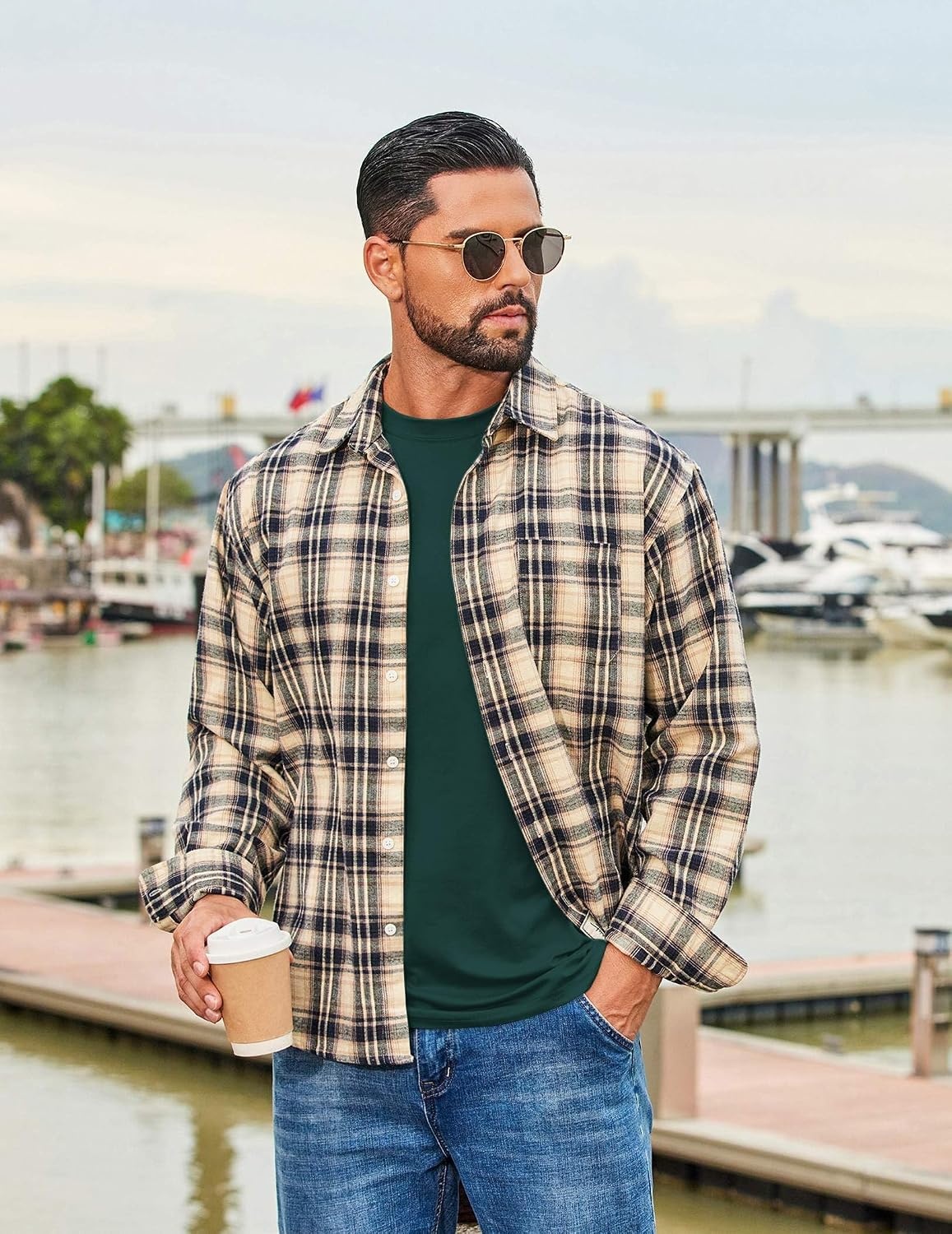 image:imageCOOFANDY Mens Long Sleeve Tee Shirts Stretch Crew Neck Thermal Shirts Casual T Shirts for MenLake Green