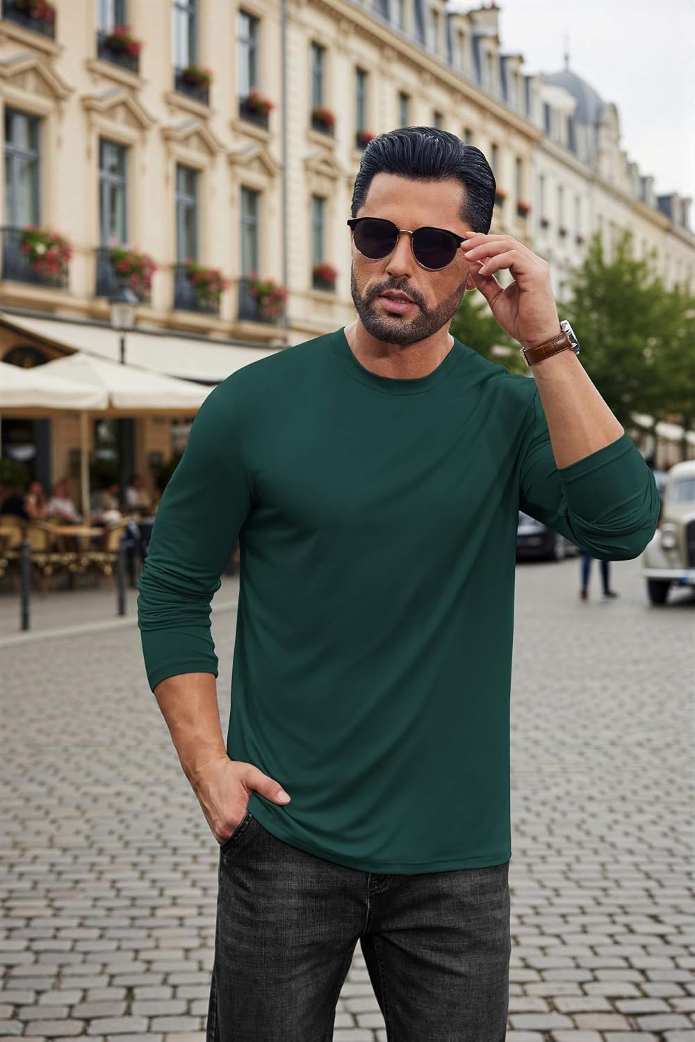 image:imageCOOFANDY Mens Long Sleeve Tee Shirts Stretch Crew Neck Thermal Shirts Casual T Shirts for MenLake Green