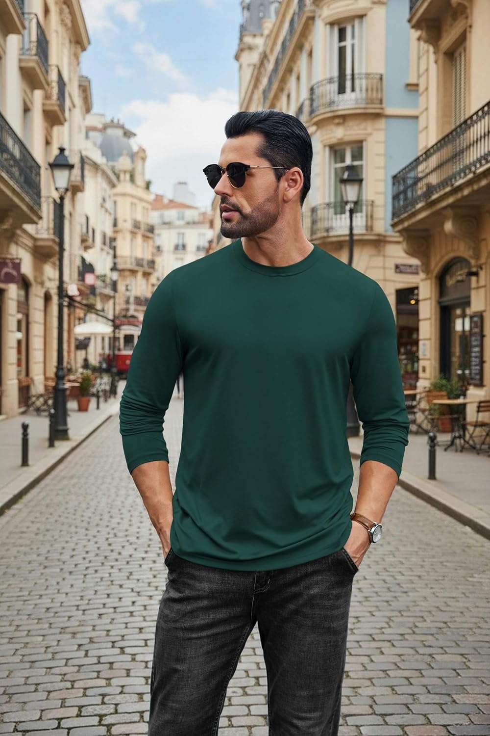 image:imageCOOFANDY Mens Long Sleeve Tee Shirts Stretch Crew Neck Thermal Shirts Casual T Shirts for MenLake Green