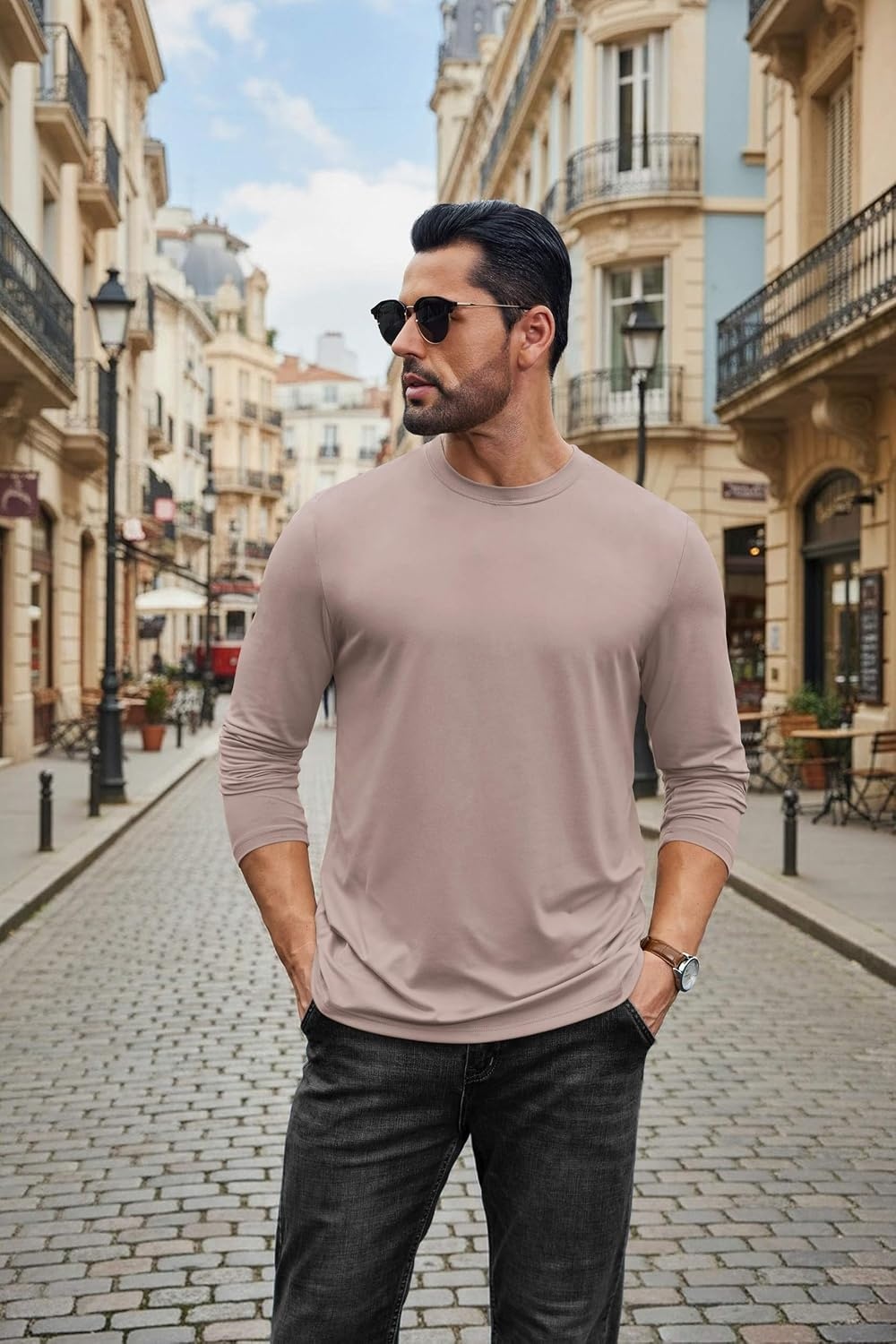 image:imageCOOFANDY Mens Long Sleeve Tee Shirts Stretch Crew Neck Thermal Shirts Casual T Shirts for MenLight Khaki