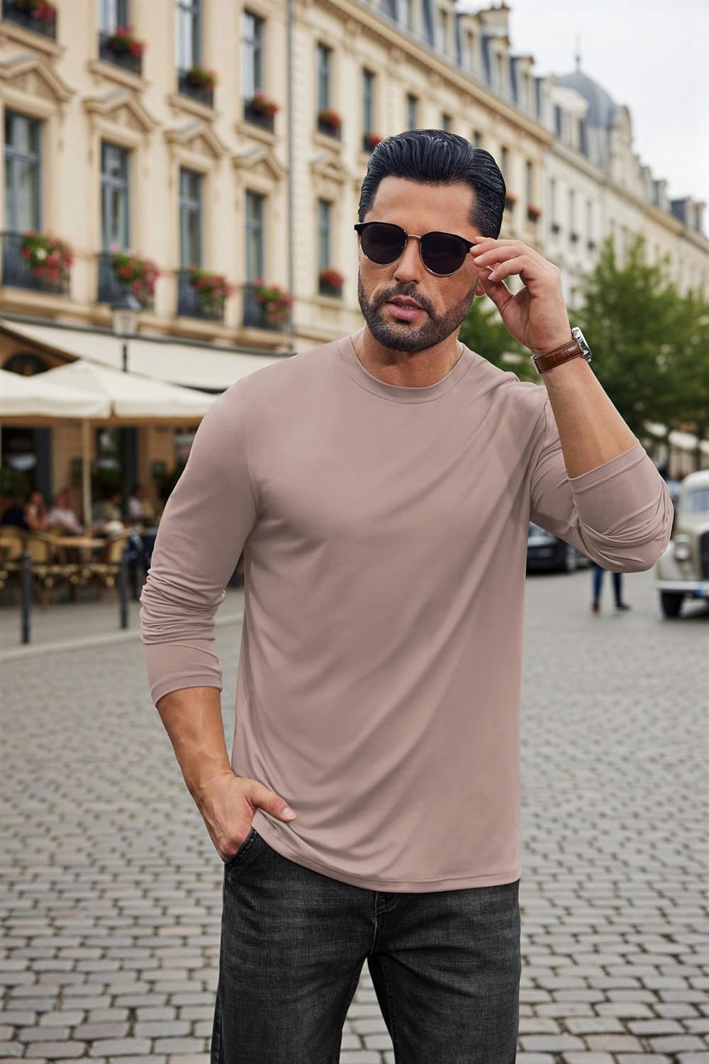image:imageCOOFANDY Mens Long Sleeve Tee Shirts Stretch Crew Neck Thermal Shirts Casual T Shirts for MenLight Khaki
