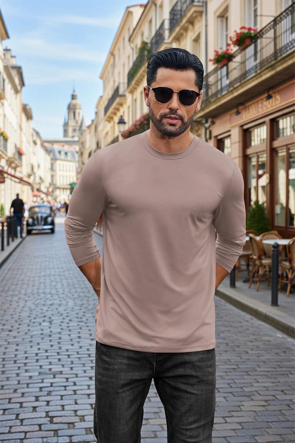 image:imageCOOFANDY Mens Long Sleeve Tee Shirts Stretch Crew Neck Thermal Shirts Casual T Shirts for MenLight Khaki