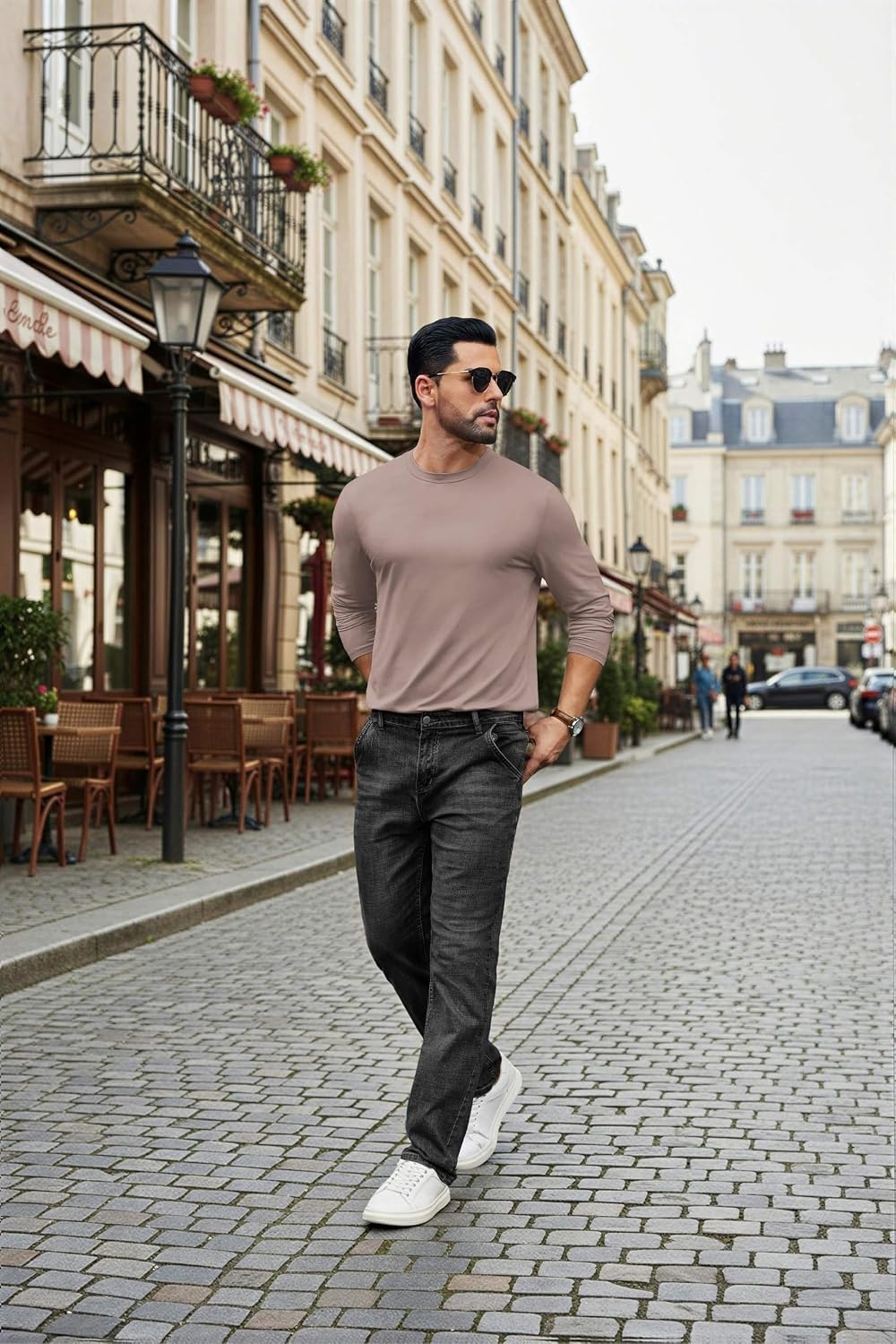 image:imageCOOFANDY Mens Long Sleeve Tee Shirts Stretch Crew Neck Thermal Shirts Casual T Shirts for MenLight Khaki