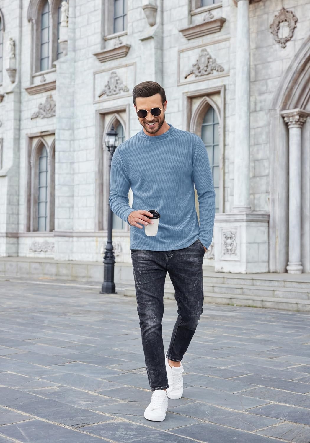 image:imageCOOFANDY Mens Mock Neck Sweater Lightweight Ribbed Knit Casual Pullover Long SleeveCasualRibbed KnitBreathableHalf turtleneckRegular fitLight Blue