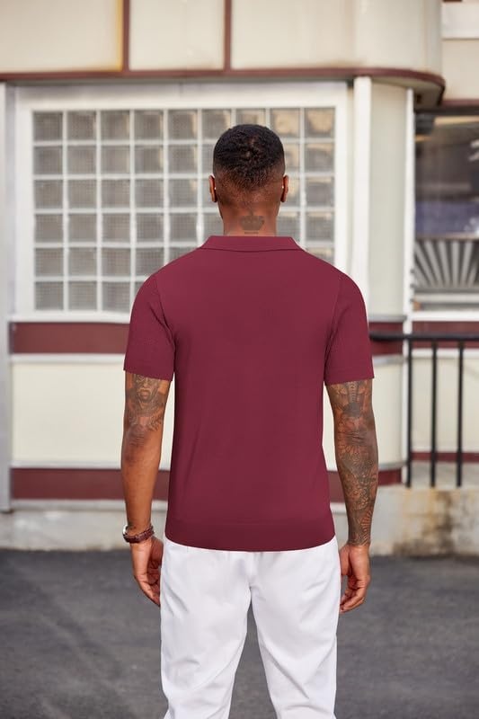 image:imageCOOFANDY Mens Polo Shirts Textured Knit Short Sleeve Stretch Casual Shirts IceCool Fabric Comfortable and Breathable Three Button placket unique knit TextureWine Red