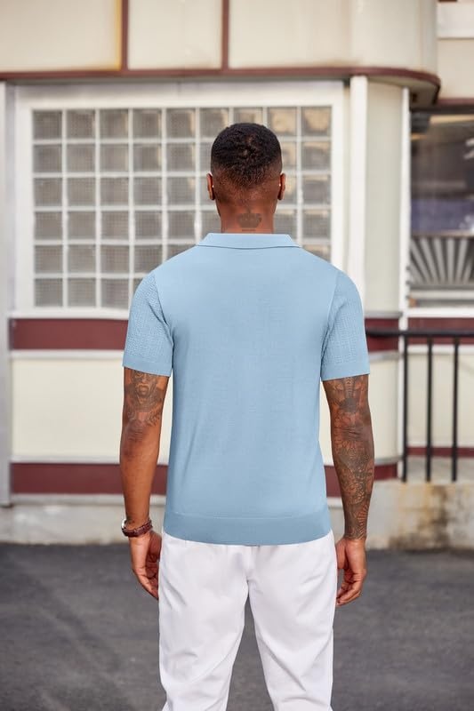 image:imageCOOFANDY Mens Polo Shirts Textured Knit Short Sleeve Stretch Casual Shirts IceCool Fabric Comfortable and Breathable Three Button placket unique knit TextureLight Blue