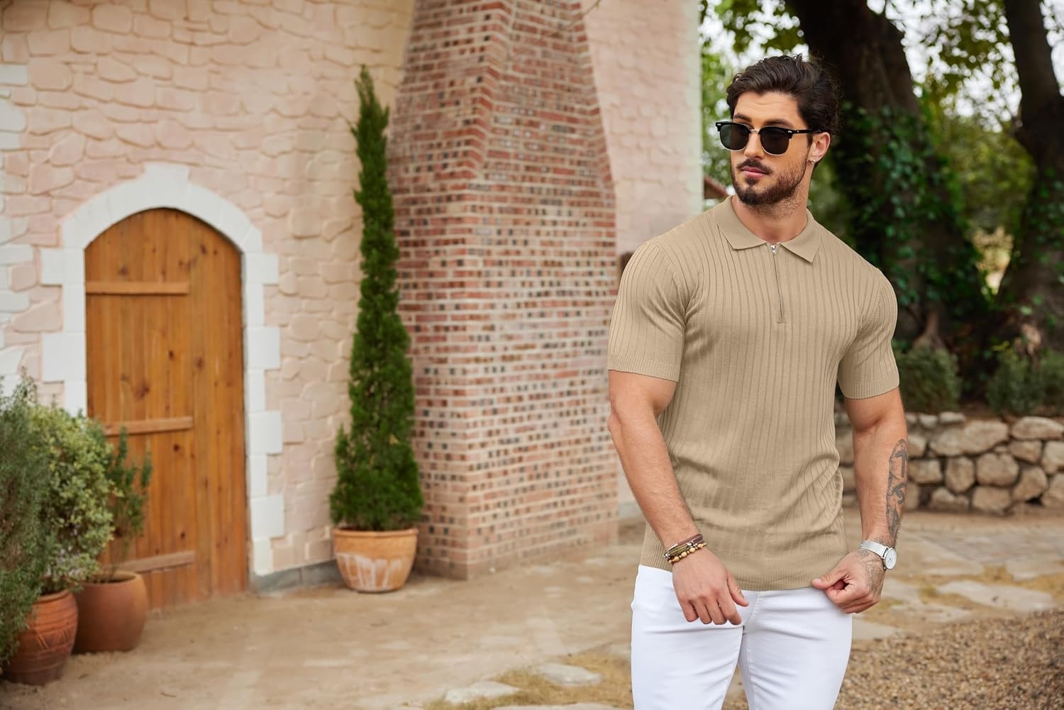 image:imageCOOFANDY Mens Quarter Zip Polo Shirt Short Sleeve Ribbed Knit Golf Tee Collared 14 Zip Textured Casual Business Shirt Lightweight Breathable Elastic T Shirt for MenKhaki