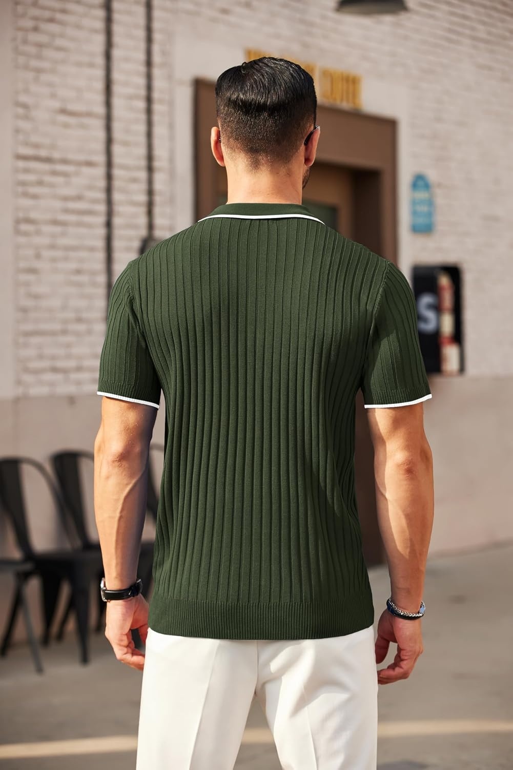 image:imageCOOFANDY Mens Quarter Zip Polo Shirt Short Sleeve Ribbed Knit Golf Tee Collared 14 Zip Textured Casual Business Shirt Lightweight Breathable Elastic T Shirt for MenStripes Army Green Stripes