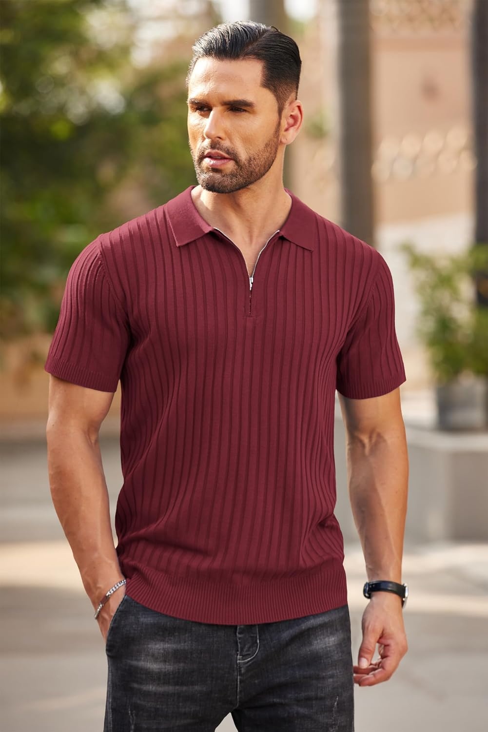 image:imageCOOFANDY Mens Quarter Zip Polo Shirt Short Sleeve Ribbed Knit Golf Tee Collared 14 Zip Textured Casual Business Shirt Lightweight Breathable Elastic T Shirt for MenWine Red