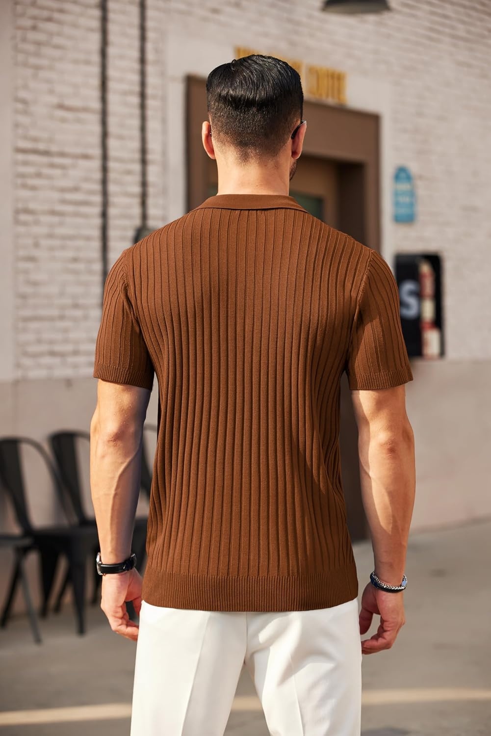 image:imageCOOFANDY Mens Quarter Zip Polo Shirt Short Sleeve Ribbed Knit Golf Tee Collared 14 Zip Textured Casual Business Shirt Lightweight Breathable Elastic T Shirt for MenBrown