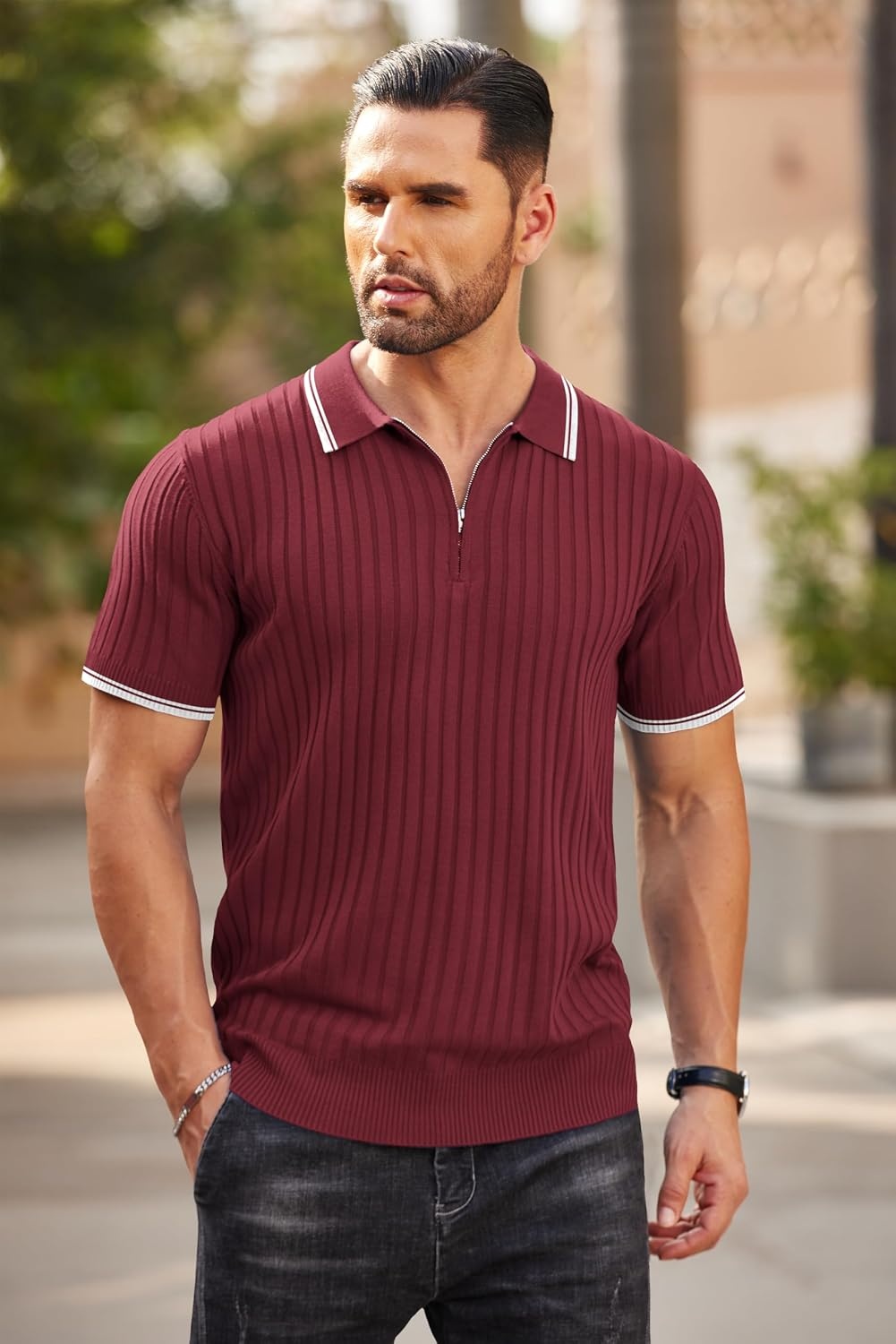 image:imageCOOFANDY Mens Quarter Zip Polo Shirt Short Sleeve Ribbed Knit Golf Tee Collared 14 Zip Textured Casual Business Shirt Lightweight Breathable Elastic T Shirt for MenStriped Wine Red Striped