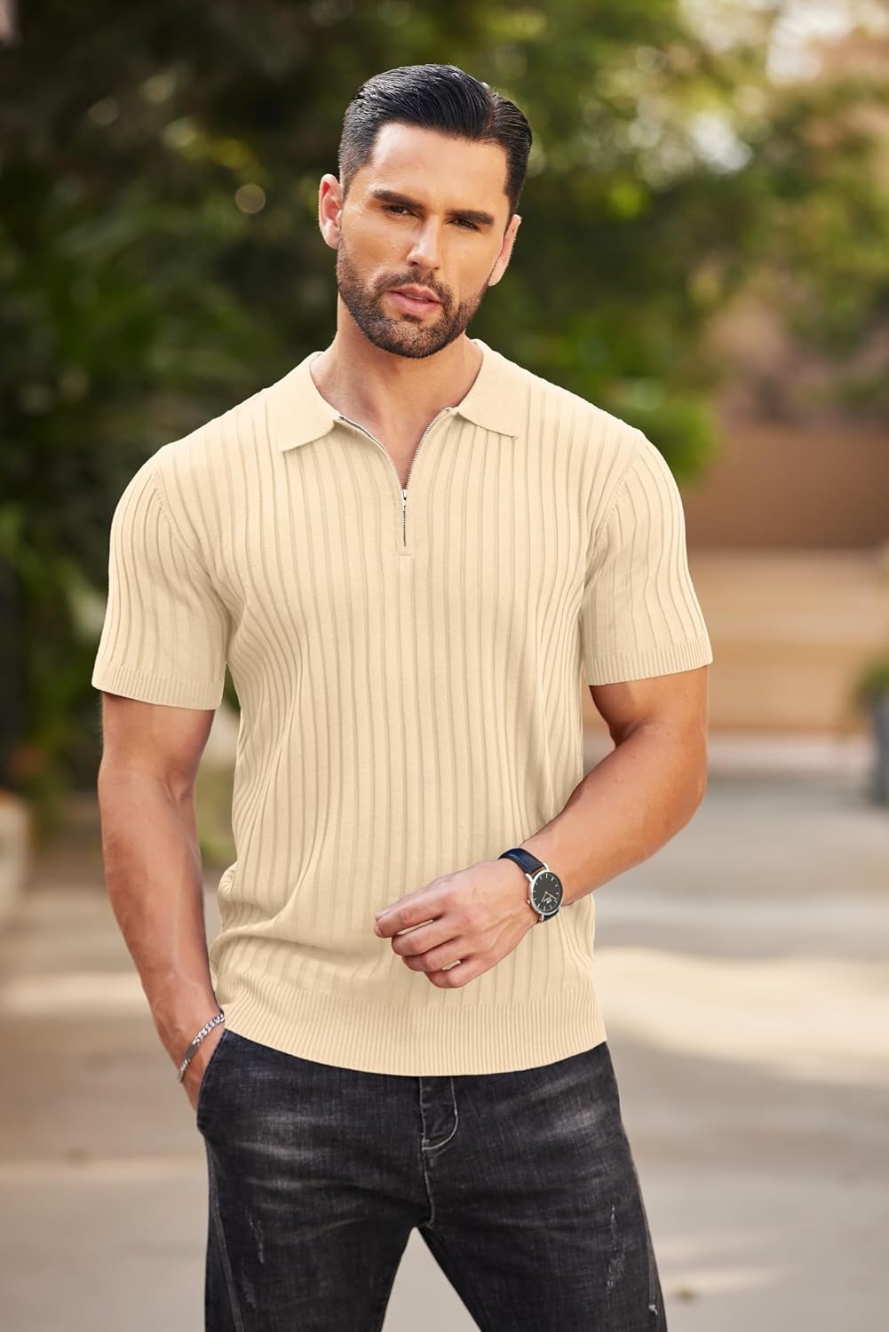 image:imageCOOFANDY Mens Quarter Zip Polo Shirt Short Sleeve Ribbed Knit Golf Tee Collared 14 Zip Textured Casual Business Shirt Lightweight Breathable Elastic T Shirt for MenLight Khaki