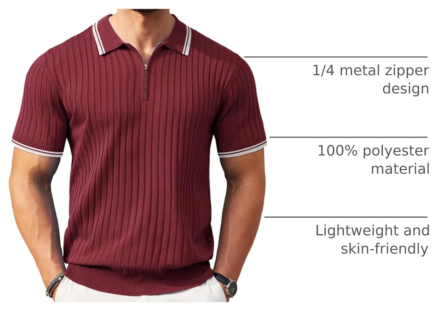 image:imageCOOFANDY Mens Quarter Zip Polo Shirt Short Sleeve Ribbed Knit Golf Tee Collared 14 Zip Textured Casual Business Shirt Lightweight Breathable Elastic T Shirt for MenStriped Wine Red Striped
