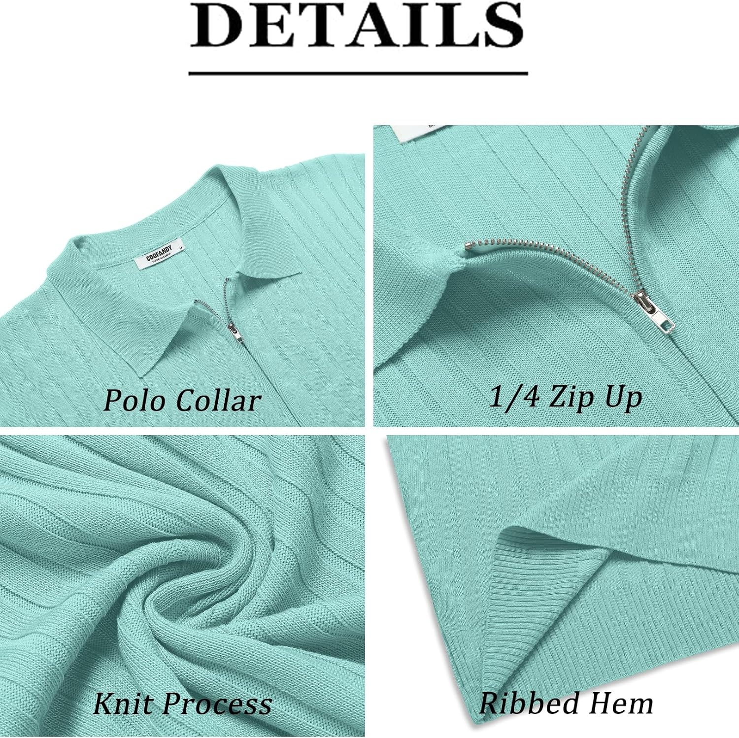 image:imageCOOFANDY Mens Quarter Zip Polo Shirt Short Sleeve Ribbed Knit Golf Tee Collared 14 Zip Textured Casual Business Shirt Lightweight Breathable Elastic T Shirt for MenGreen