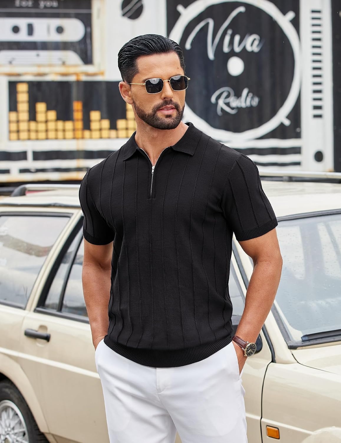 image:imageCOOFANDY Mens Quarter Zip Polo Shirt Short Sleeve Ribbed Knit Golf Tee Collared 14 Zip Textured Casual Business Shirt Lightweight Breathable Elastic T Shirt for MenVblack