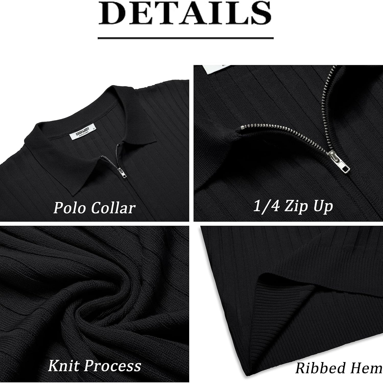 image:imageCOOFANDY Mens Quarter Zip Polo Shirt Short Sleeve Ribbed Knit Golf Tee Collared 14 Zip Textured Casual Business Shirt Lightweight Breathable Elastic T Shirt for MenBlack