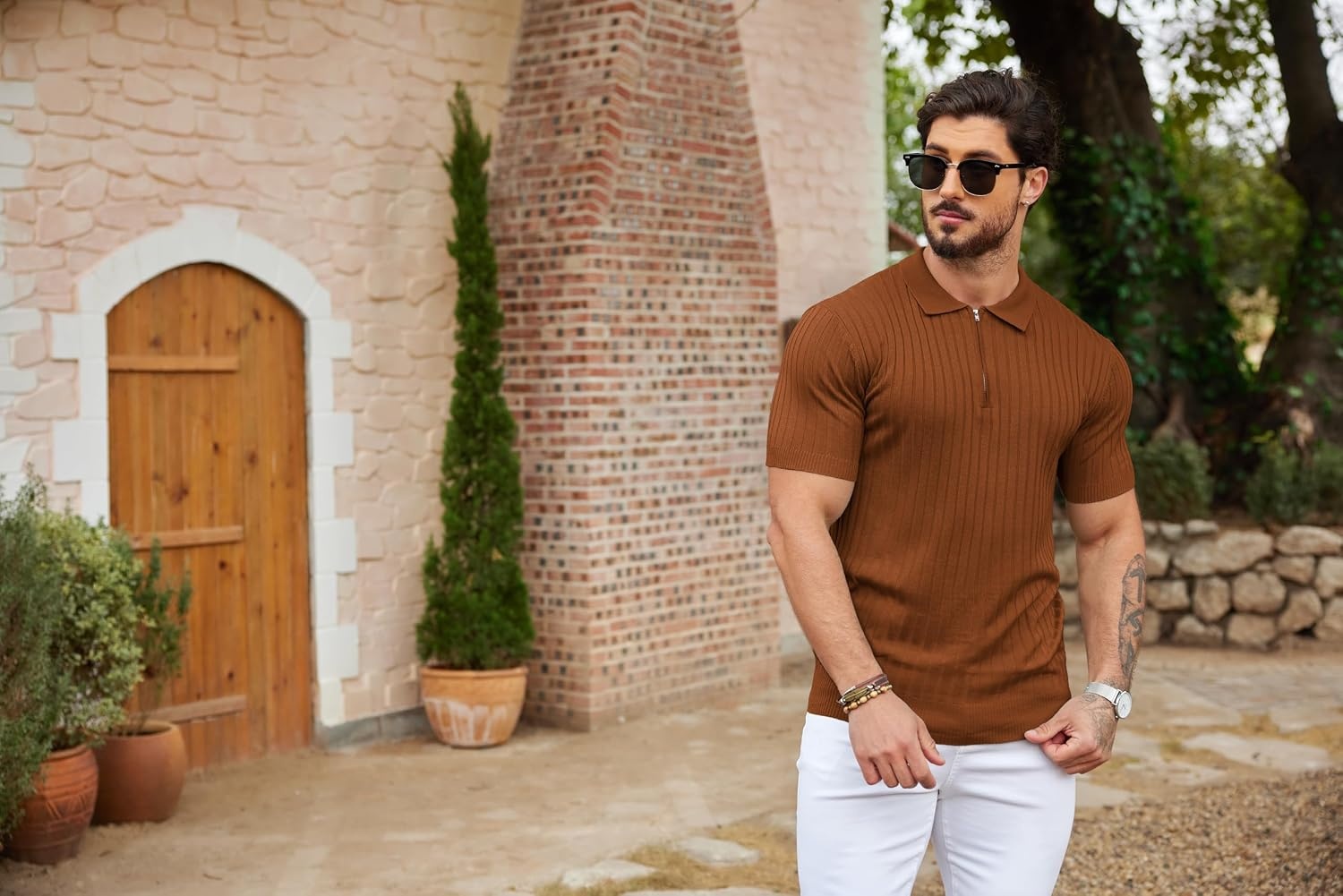 image:imageCOOFANDY Mens Quarter Zip Polo Shirt Short Sleeve Ribbed Knit Golf Tee Collared 14 Zip Textured Casual Business Shirt Lightweight Breathable Elastic T Shirt for MenBrown