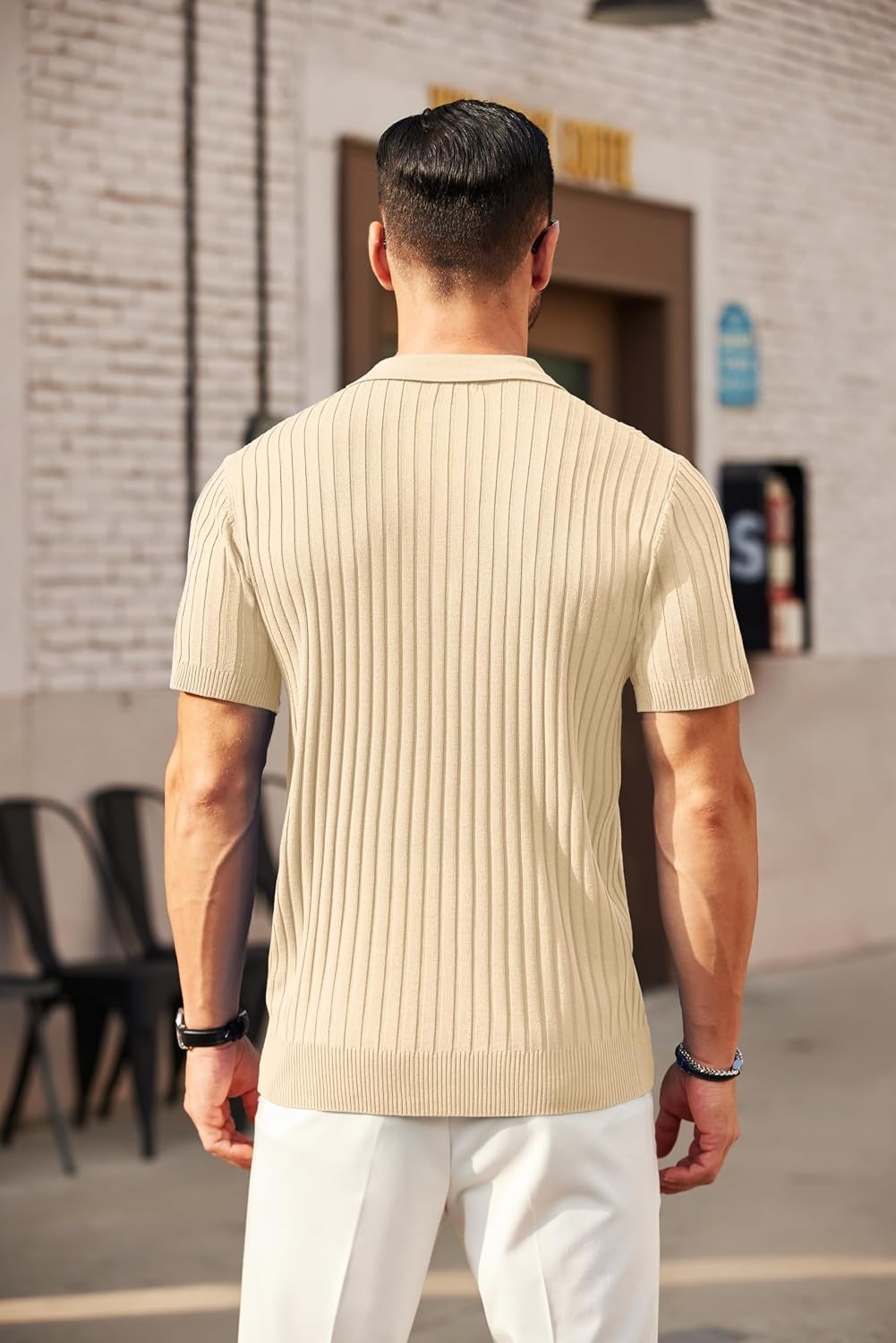 image:imageCOOFANDY Mens Quarter Zip Polo Shirt Short Sleeve Ribbed Knit Golf Tee Collared 14 Zip Textured Casual Business Shirt Lightweight Breathable Elastic T Shirt for MenLight Khaki