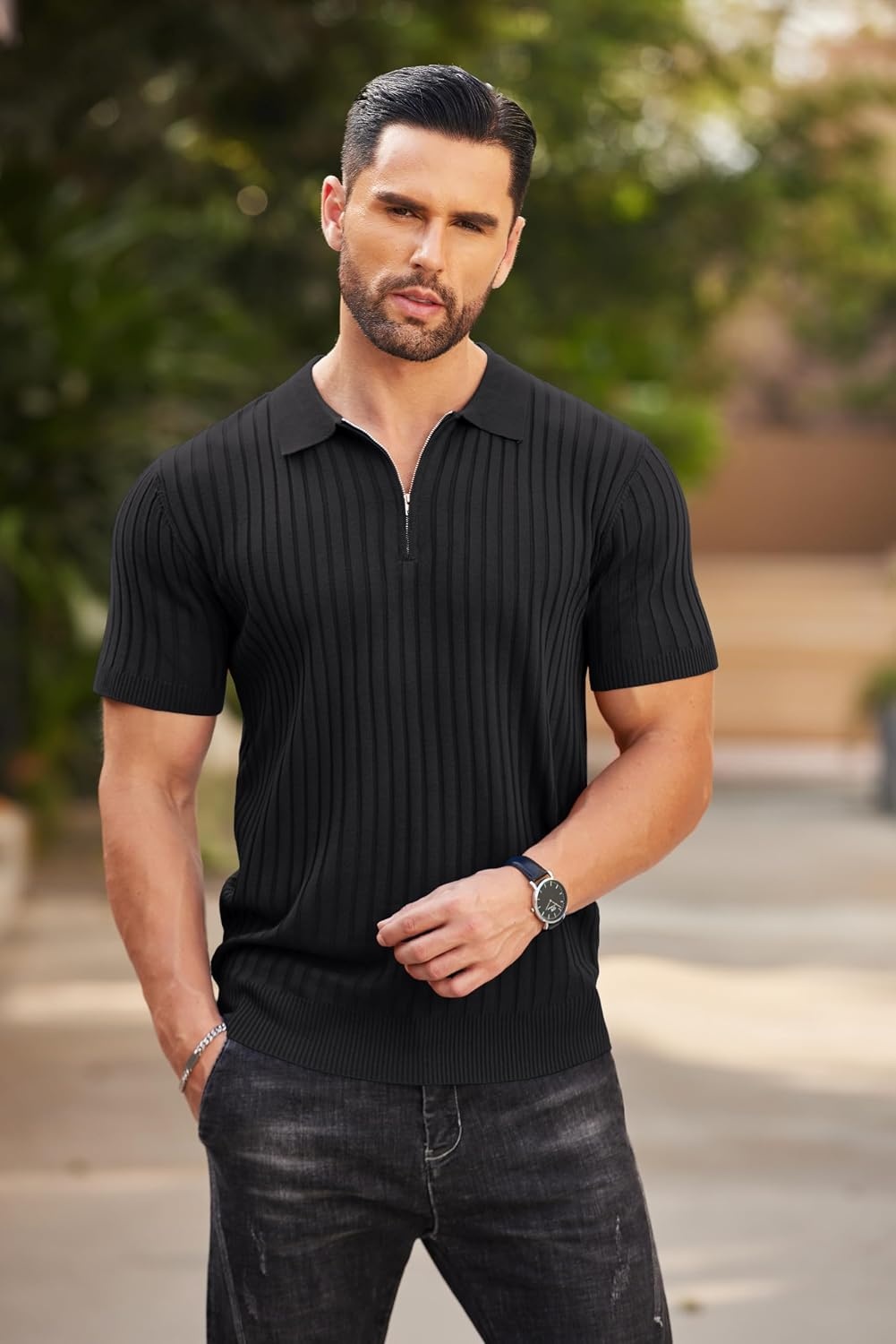 image:imageCOOFANDY Mens Quarter Zip Polo Shirt Short Sleeve Ribbed Knit Golf Tee Collared 14 Zip Textured Casual Business Shirt Lightweight Breathable Elastic T Shirt for MenBlack