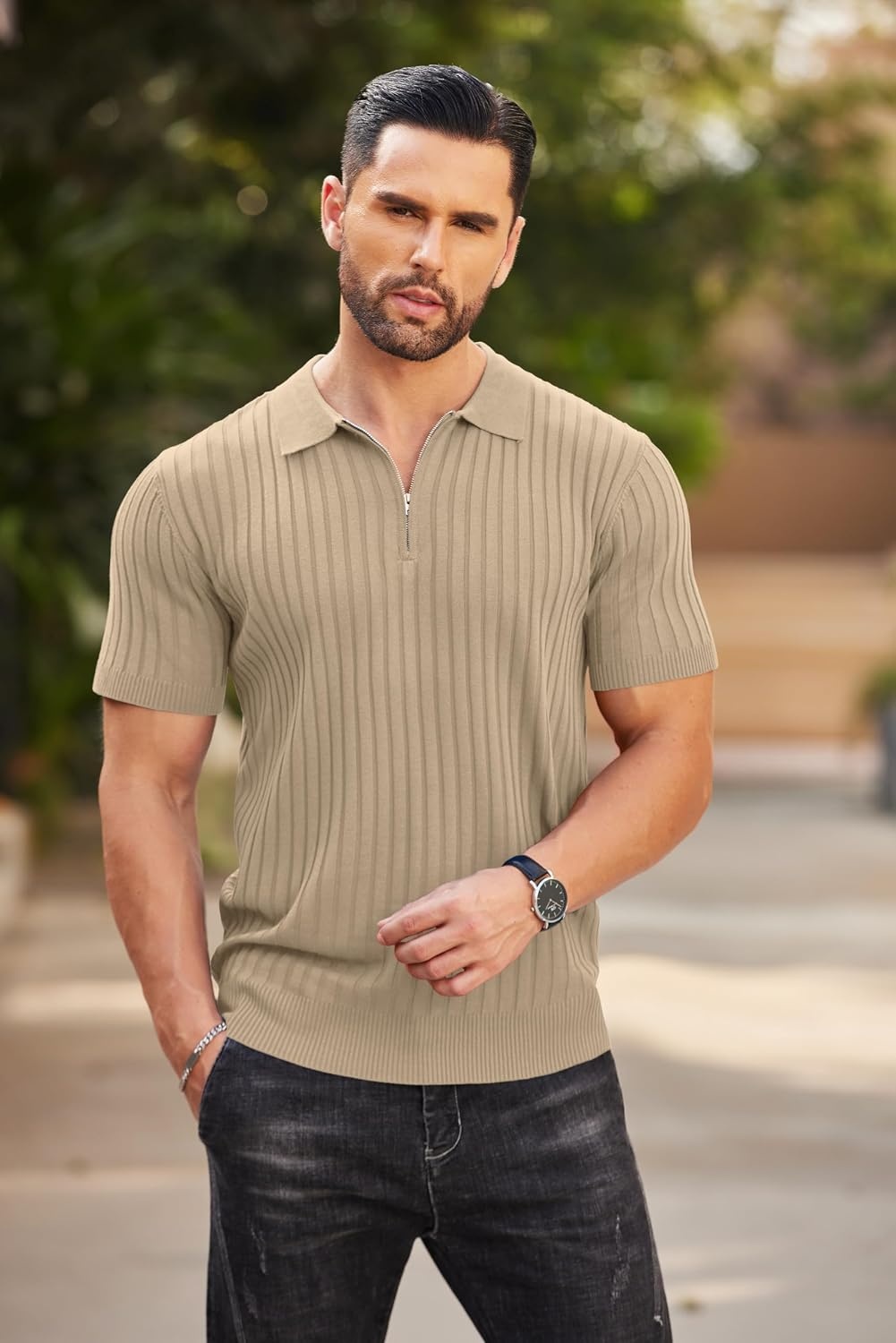 image:imageCOOFANDY Mens Quarter Zip Polo Shirt Short Sleeve Ribbed Knit Golf Tee Collared 14 Zip Textured Casual Business Shirt Lightweight Breathable Elastic T Shirt for MenKhaki