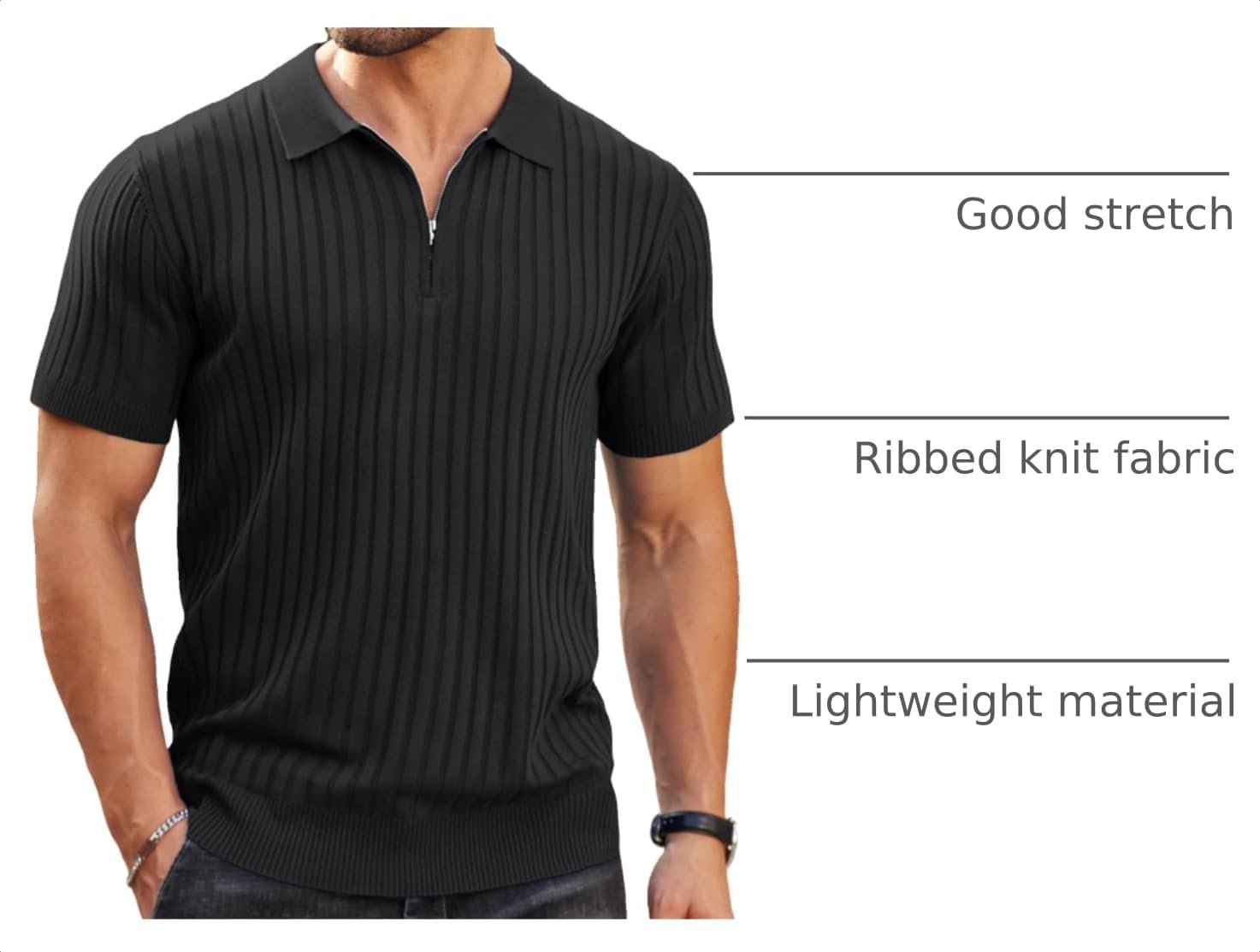 image:imageCOOFANDY Mens Quarter Zip Polo Shirt Short Sleeve Ribbed Knit Golf Tee Collared 14 Zip Textured Casual Business Shirt Lightweight Breathable Elastic T Shirt for MenBlack