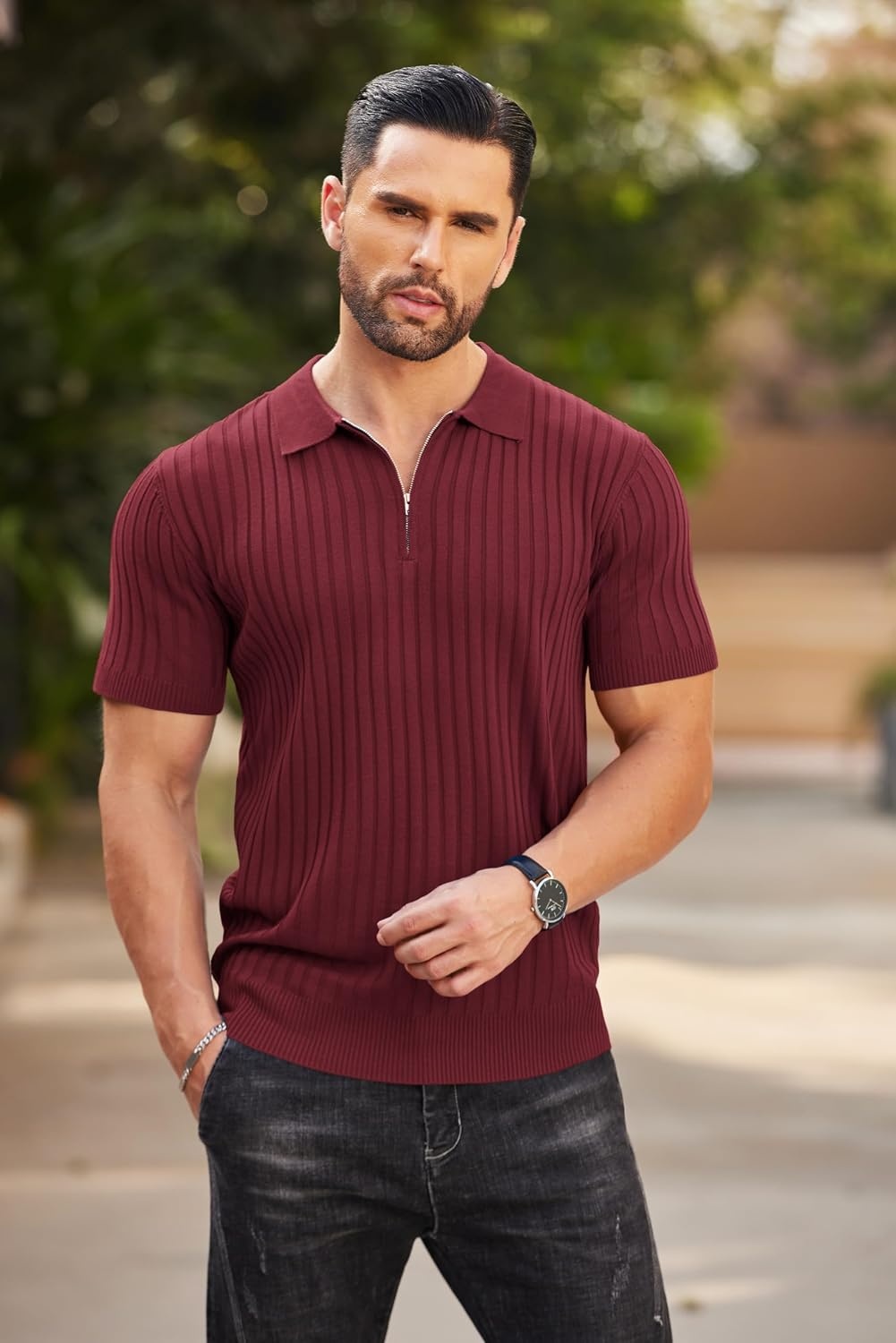 image:imageCOOFANDY Mens Quarter Zip Polo Shirt Short Sleeve Ribbed Knit Golf Tee Collared 14 Zip Textured Casual Business Shirt Lightweight Breathable Elastic T Shirt for MenWine Red