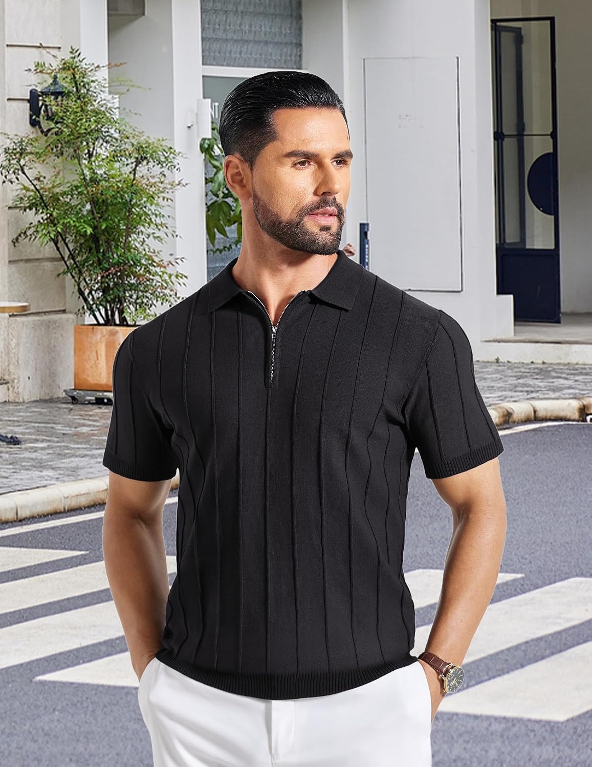 image:imageCOOFANDY Mens Quarter Zip Polo Shirt Short Sleeve Ribbed Knit Golf Tee Collared 14 Zip Textured Casual Business Shirt Lightweight Breathable Elastic T Shirt for MenVblack