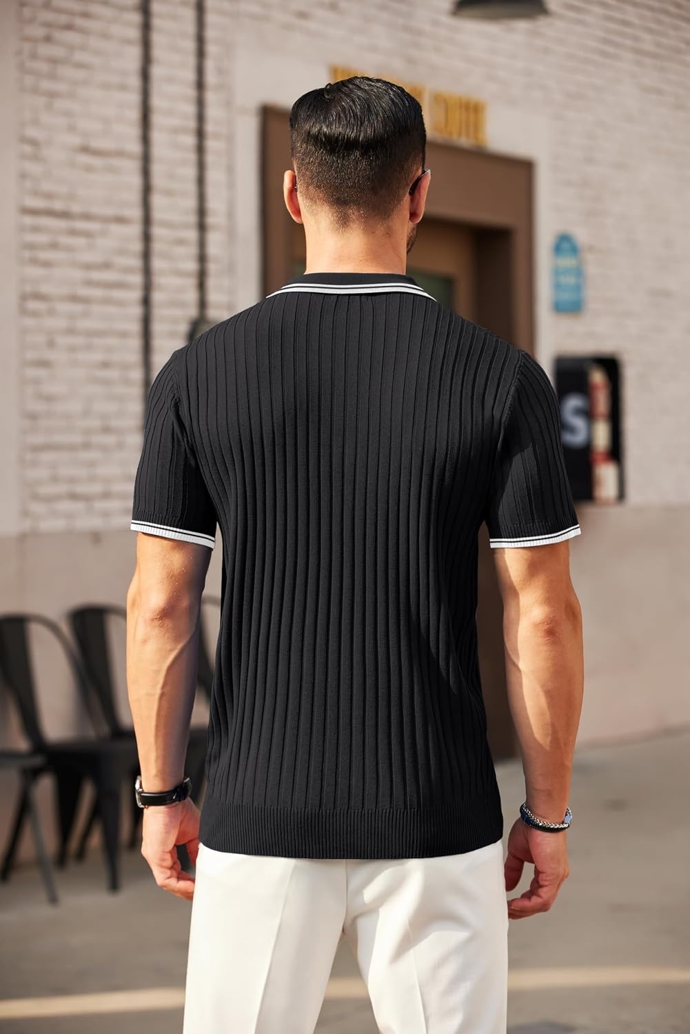 image:imageCOOFANDY Mens Quarter Zip Polo Shirt Short Sleeve Ribbed Knit Golf Tee Collared 14 Zip Textured Casual Business Shirt Lightweight Breathable Elastic T Shirt for MenStriped Black Striped