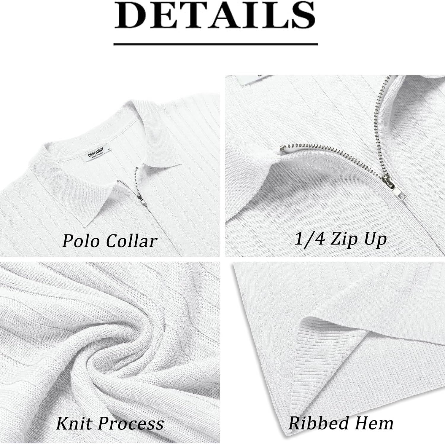 image:imageCOOFANDY Mens Quarter Zip Polo Shirt Short Sleeve Ribbed Knit Golf Tee Collared 14 Zip Textured Casual Business Shirt Lightweight Breathable Elastic T Shirt for MenWhite
