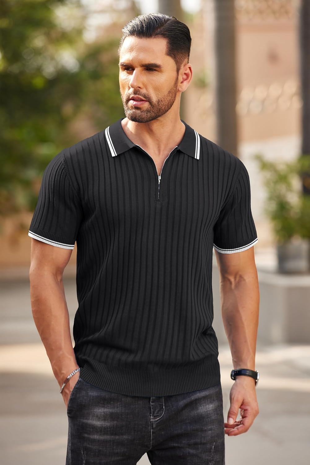 image:imageCOOFANDY Mens Quarter Zip Polo Shirt Short Sleeve Ribbed Knit Golf Tee Collared 14 Zip Textured Casual Business Shirt Lightweight Breathable Elastic T Shirt for MenStriped Black Striped