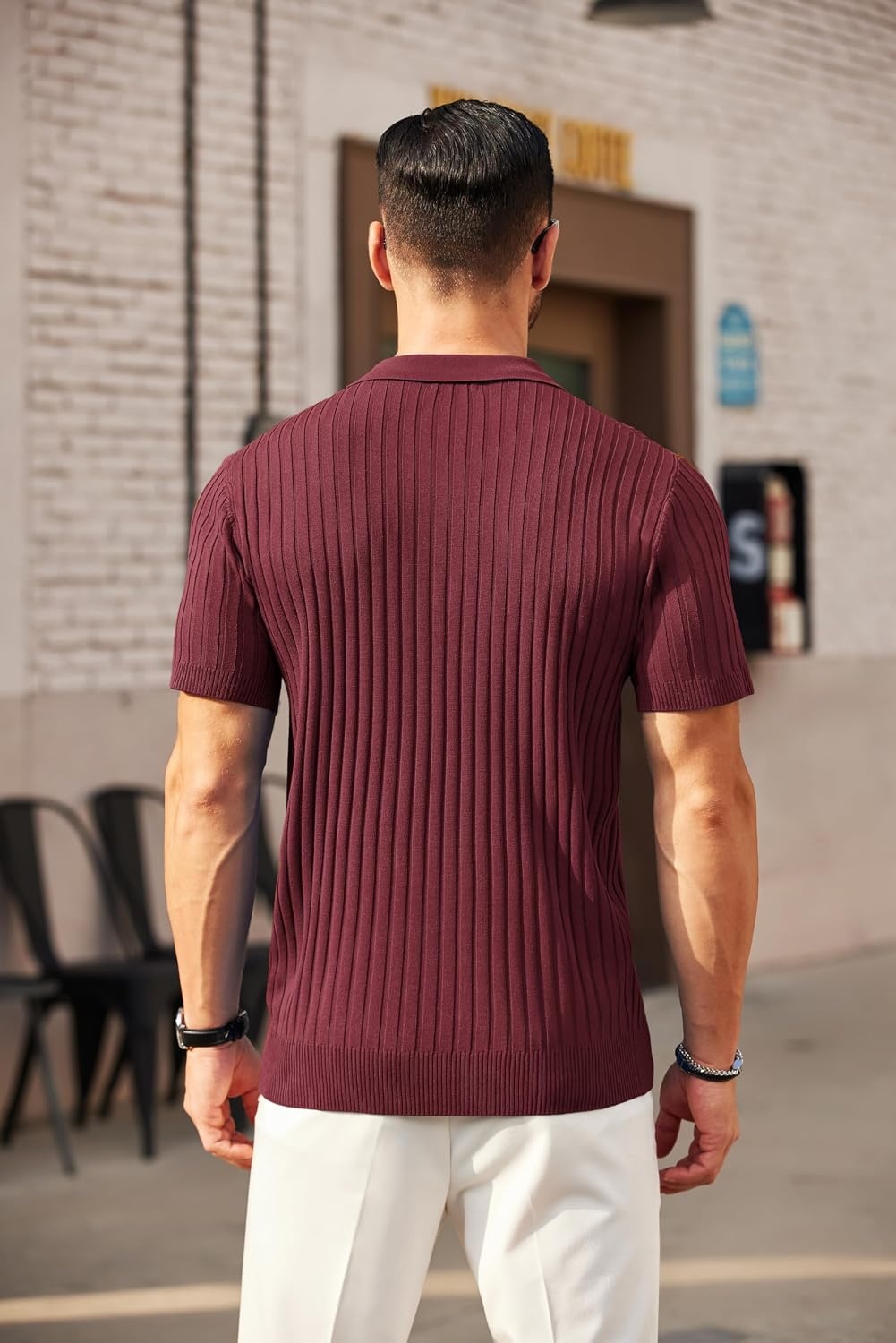 image:imageCOOFANDY Mens Quarter Zip Polo Shirt Short Sleeve Ribbed Knit Golf Tee Collared 14 Zip Textured Casual Business Shirt Lightweight Breathable Elastic T Shirt for MenWine Red
