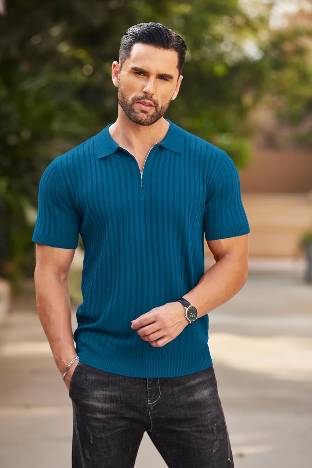 image:imageCOOFANDY Mens Quarter Zip Polo Shirt Short Sleeve Ribbed Knit Golf Tee Collared 14 Zip Textured Casual Business Shirt Lightweight Breathable Elastic T Shirt for MenDenim Blue