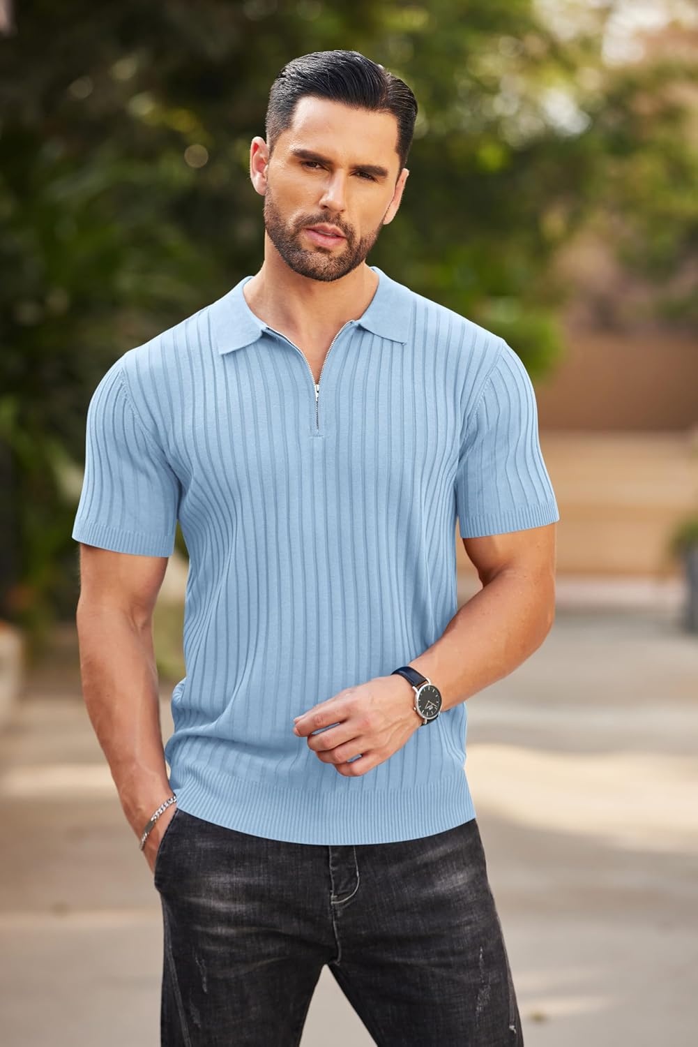 image:imageCOOFANDY Mens Quarter Zip Polo Shirt Short Sleeve Ribbed Knit Golf Tee Collared 14 Zip Textured Casual Business Shirt Lightweight Breathable Elastic T Shirt for MenSky Blue