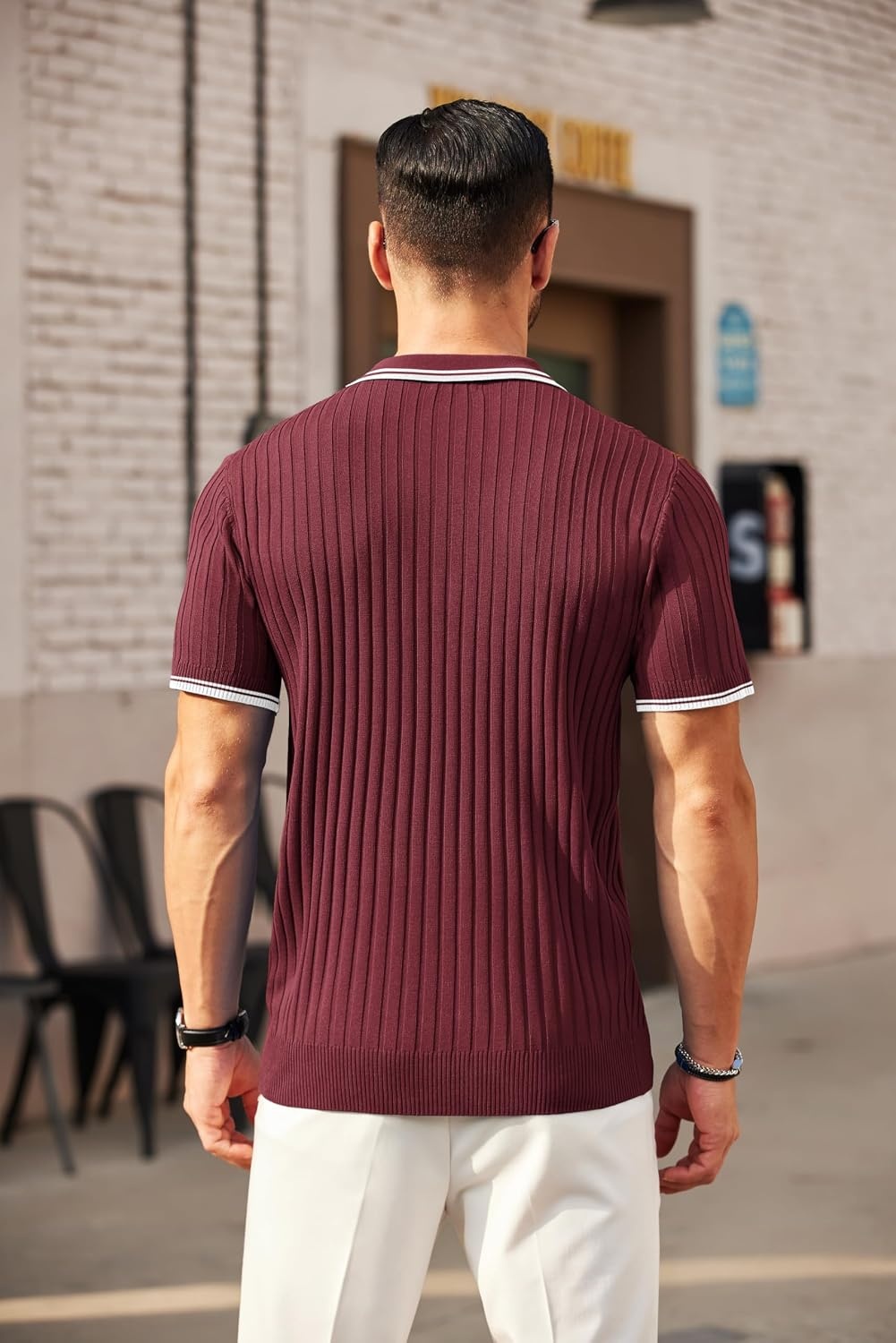 image:imageCOOFANDY Mens Quarter Zip Polo Shirt Short Sleeve Ribbed Knit Golf Tee Collared 14 Zip Textured Casual Business Shirt Lightweight Breathable Elastic T Shirt for MenStriped Wine Red Striped