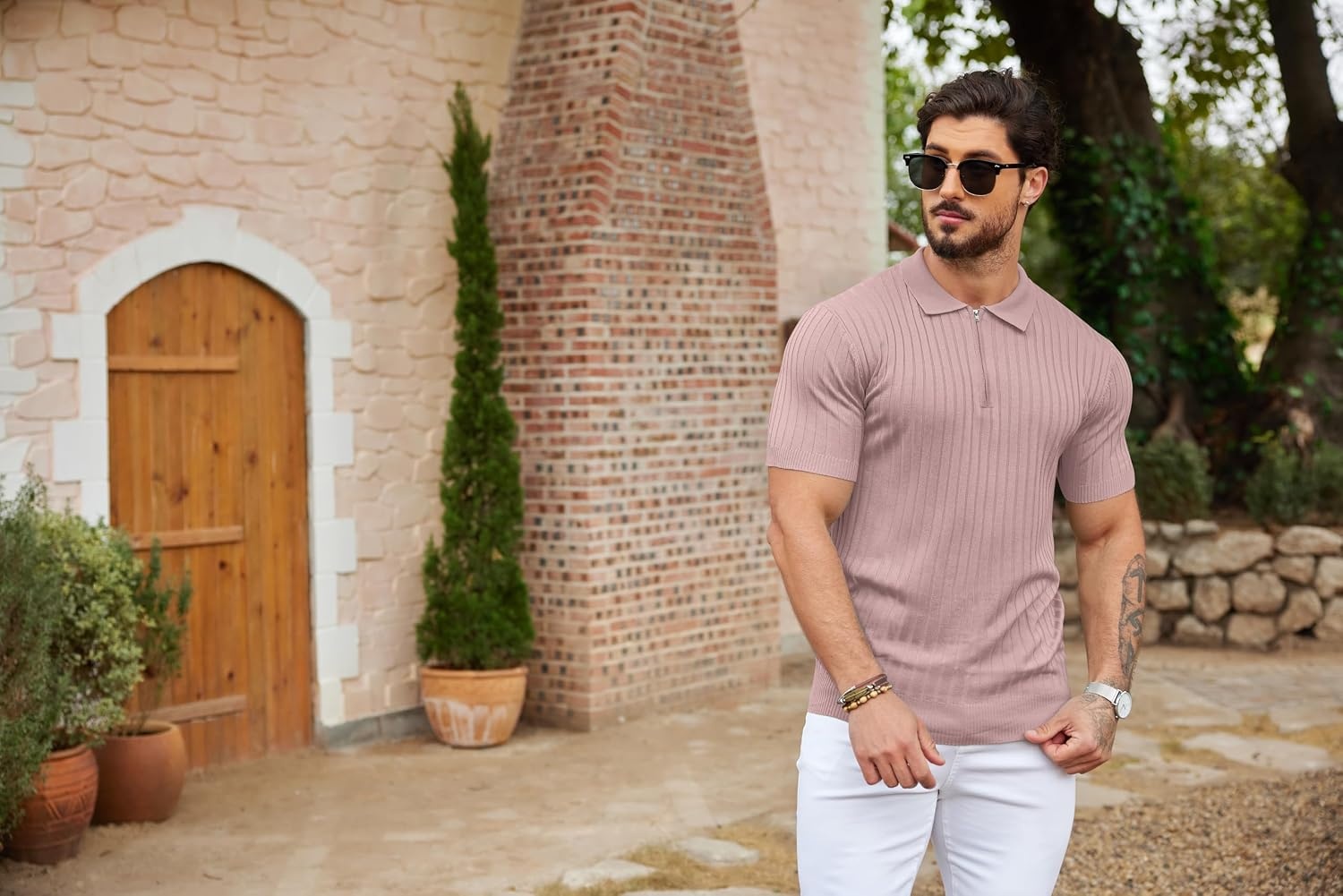 image:imageCOOFANDY Mens Quarter Zip Polo Shirt Short Sleeve Ribbed Knit Golf Tee Collared 14 Zip Textured Casual Business Shirt Lightweight Breathable Elastic T Shirt for MenPink