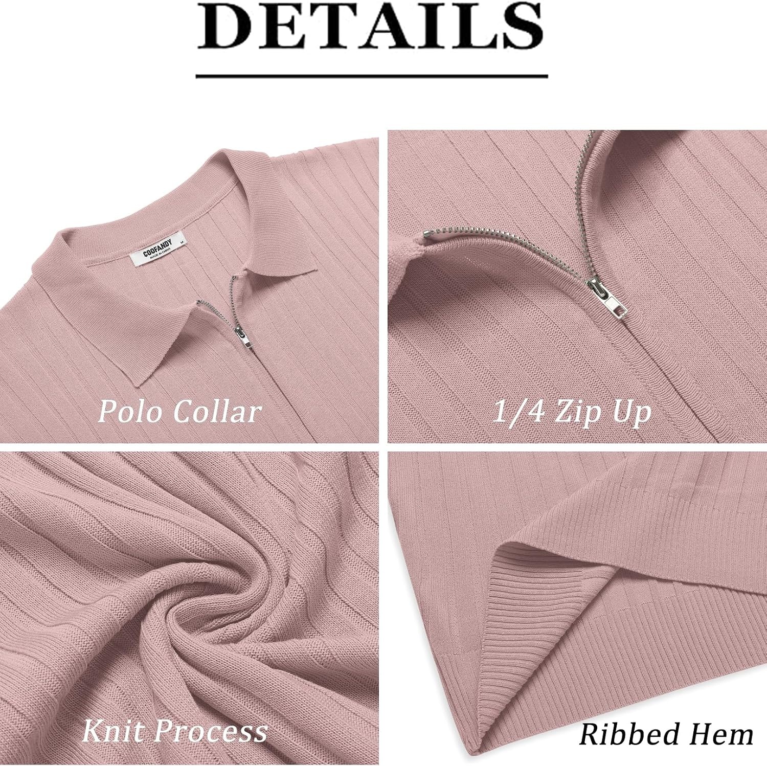 image:imageCOOFANDY Mens Quarter Zip Polo Shirt Short Sleeve Ribbed Knit Golf Tee Collared 14 Zip Textured Casual Business Shirt Lightweight Breathable Elastic T Shirt for MenPink