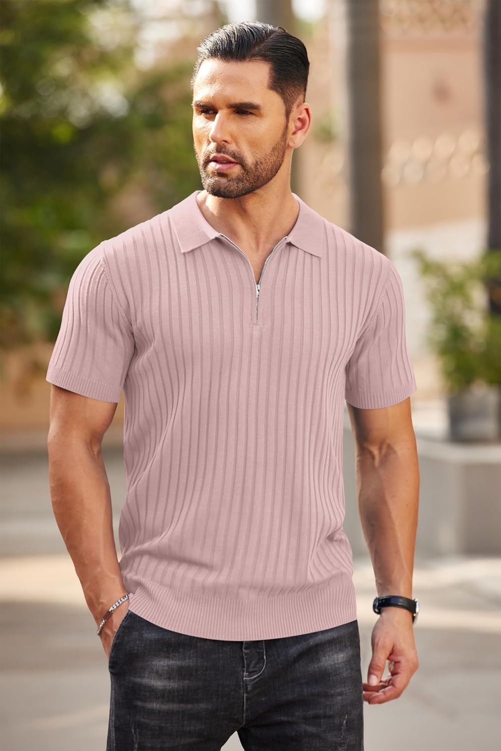 image:imageCOOFANDY Mens Quarter Zip Polo Shirt Short Sleeve Ribbed Knit Golf Tee Collared 14 Zip Textured Casual Business Shirt Lightweight Breathable Elastic T Shirt for MenPink
