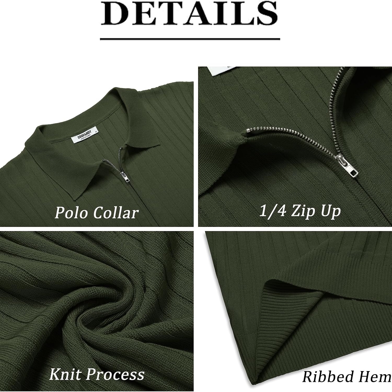image:imageCOOFANDY Mens Quarter Zip Polo Shirt Short Sleeve Ribbed Knit Golf Tee Collared 14 Zip Textured Casual Business Shirt Lightweight Breathable Elastic T Shirt for MenArmy Green