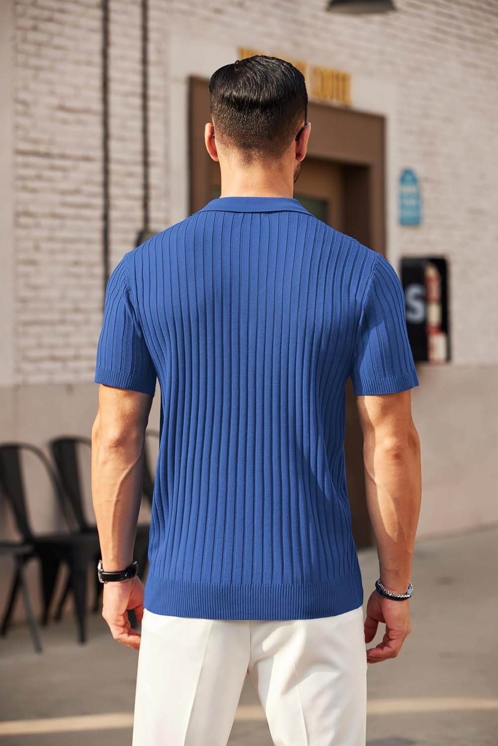 image:imageCOOFANDY Mens Quarter Zip Polo Shirt Short Sleeve Ribbed Knit Golf Tee Collared 14 Zip Textured Casual Business Shirt Lightweight Breathable Elastic T Shirt for MenBlue