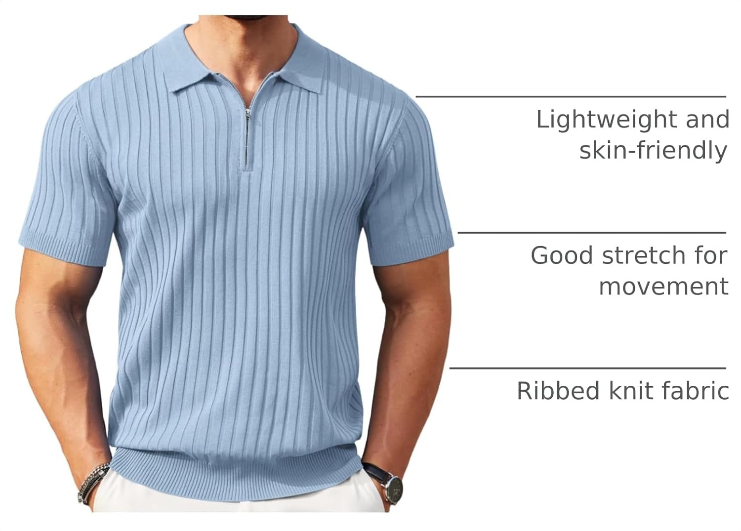 image:imageCOOFANDY Mens Quarter Zip Polo Shirt Short Sleeve Ribbed Knit Golf Tee Collared 14 Zip Textured Casual Business Shirt Lightweight Breathable Elastic T Shirt for MenSky Blue