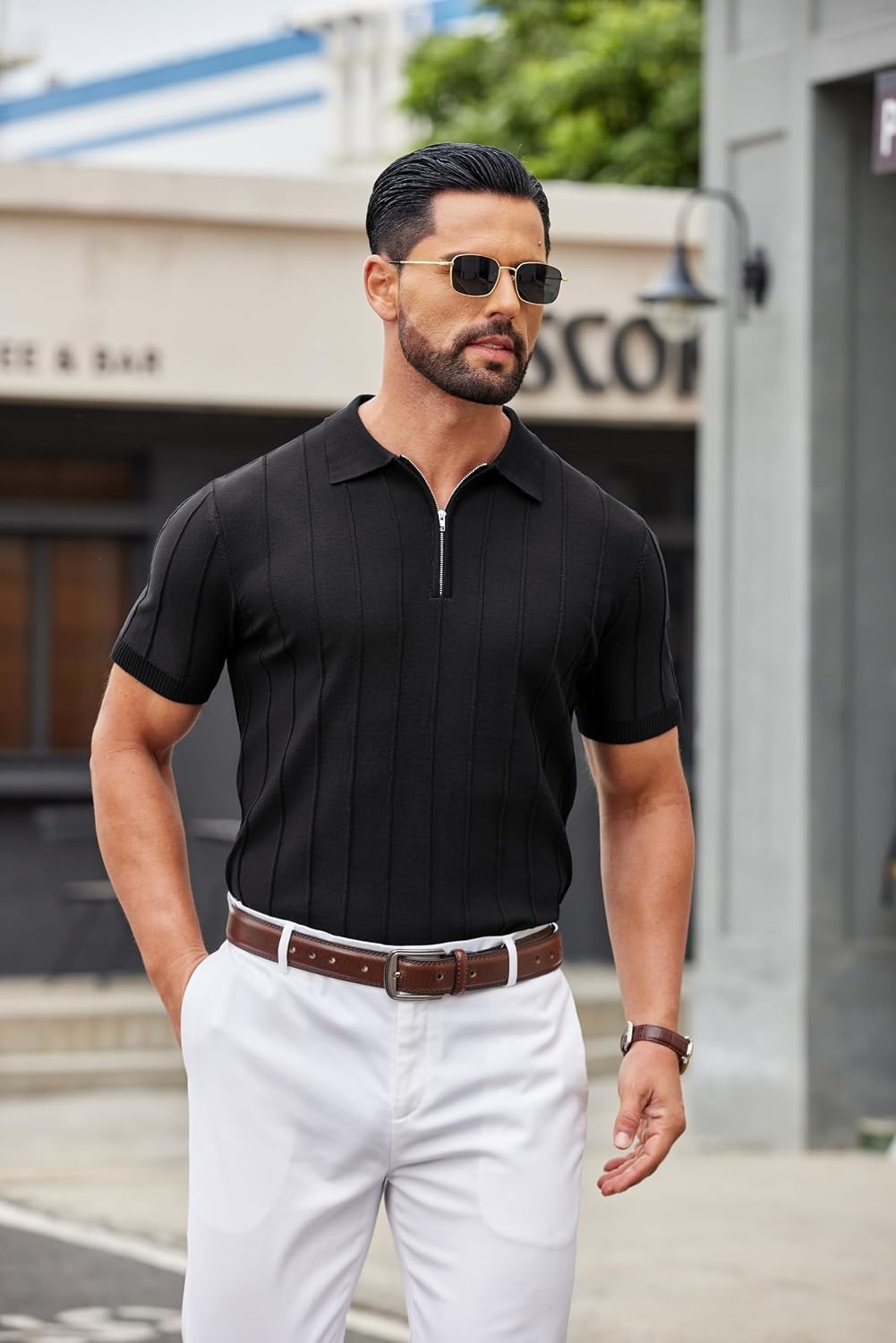 image:imageCOOFANDY Mens Quarter Zip Polo Shirt Short Sleeve Ribbed Knit Golf Tee Collared 14 Zip Textured Casual Business Shirt Lightweight Breathable Elastic T Shirt for MenVblack