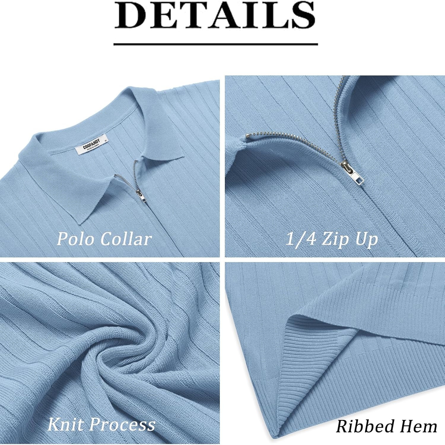 image:imageCOOFANDY Mens Quarter Zip Polo Shirt Short Sleeve Ribbed Knit Golf Tee Collared 14 Zip Textured Casual Business Shirt Lightweight Breathable Elastic T Shirt for MenSky Blue