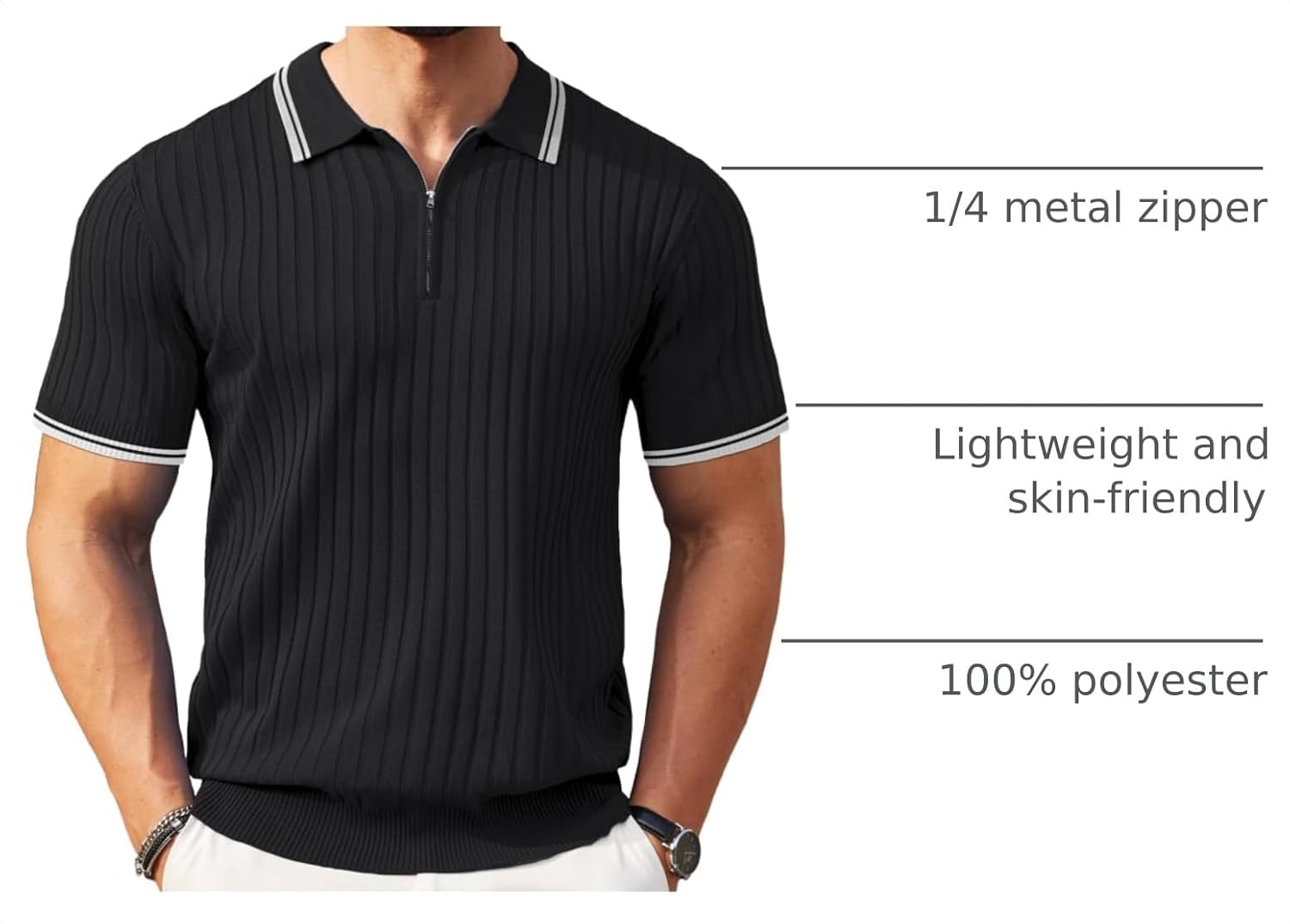 image:imageCOOFANDY Mens Quarter Zip Polo Shirt Short Sleeve Ribbed Knit Golf Tee Collared 14 Zip Textured Casual Business Shirt Lightweight Breathable Elastic T Shirt for MenStriped Black Striped