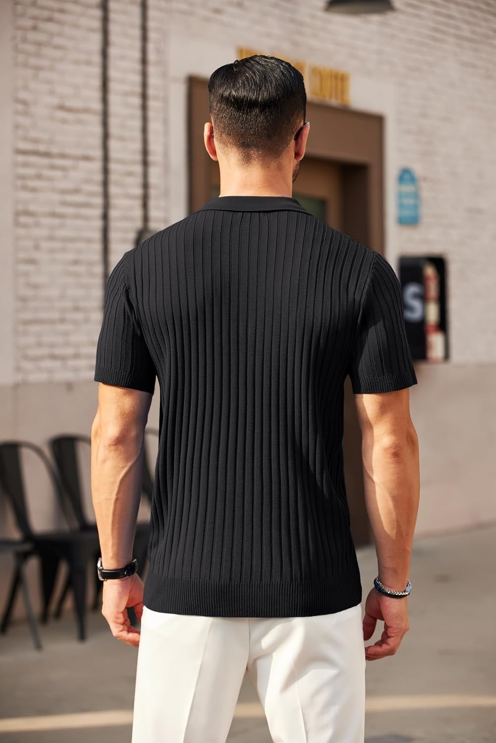 image:imageCOOFANDY Mens Quarter Zip Polo Shirt Short Sleeve Ribbed Knit Golf Tee Collared 14 Zip Textured Casual Business Shirt Lightweight Breathable Elastic T Shirt for MenBlack