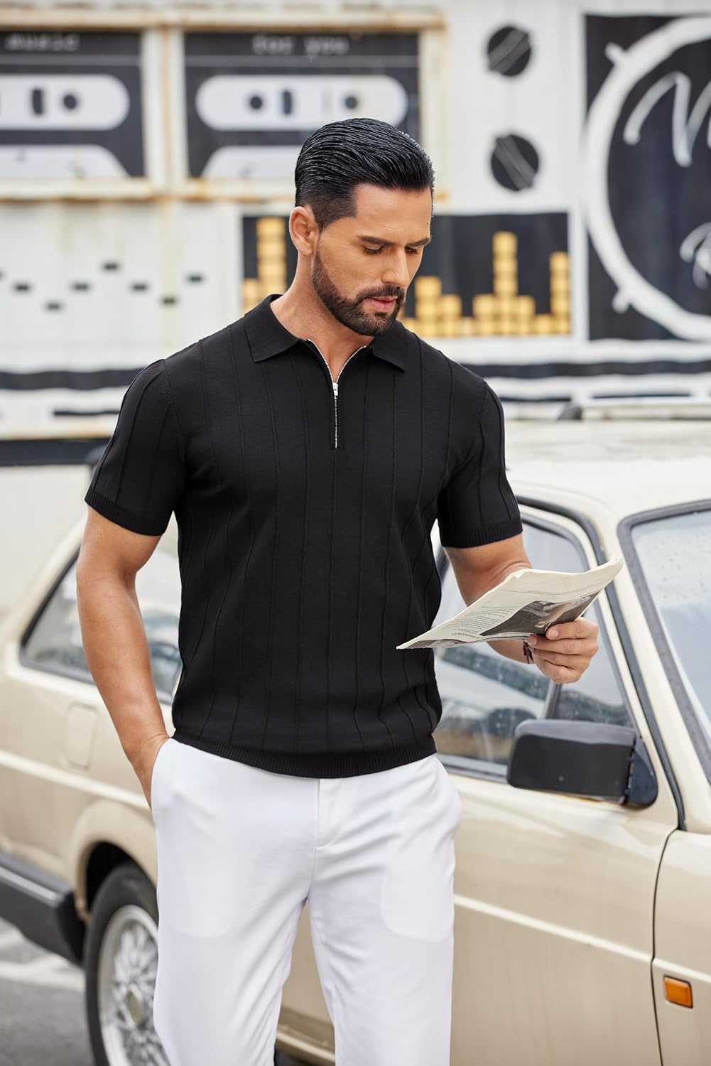 image:imageCOOFANDY Mens Quarter Zip Polo Shirt Short Sleeve Ribbed Knit Golf Tee Collared 14 Zip Textured Casual Business Shirt Lightweight Breathable Elastic T Shirt for MenVblack