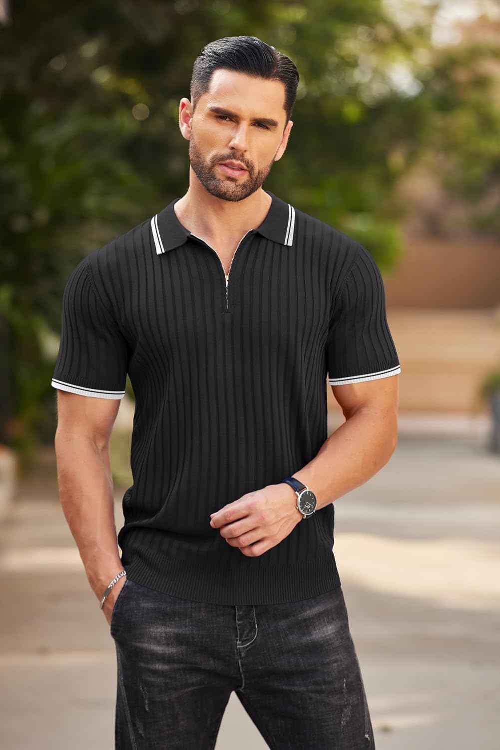 image:imageCOOFANDY Mens Quarter Zip Polo Shirt Short Sleeve Ribbed Knit Golf Tee Collared 14 Zip Textured Casual Business Shirt Lightweight Breathable Elastic T Shirt for MenStriped Black Striped