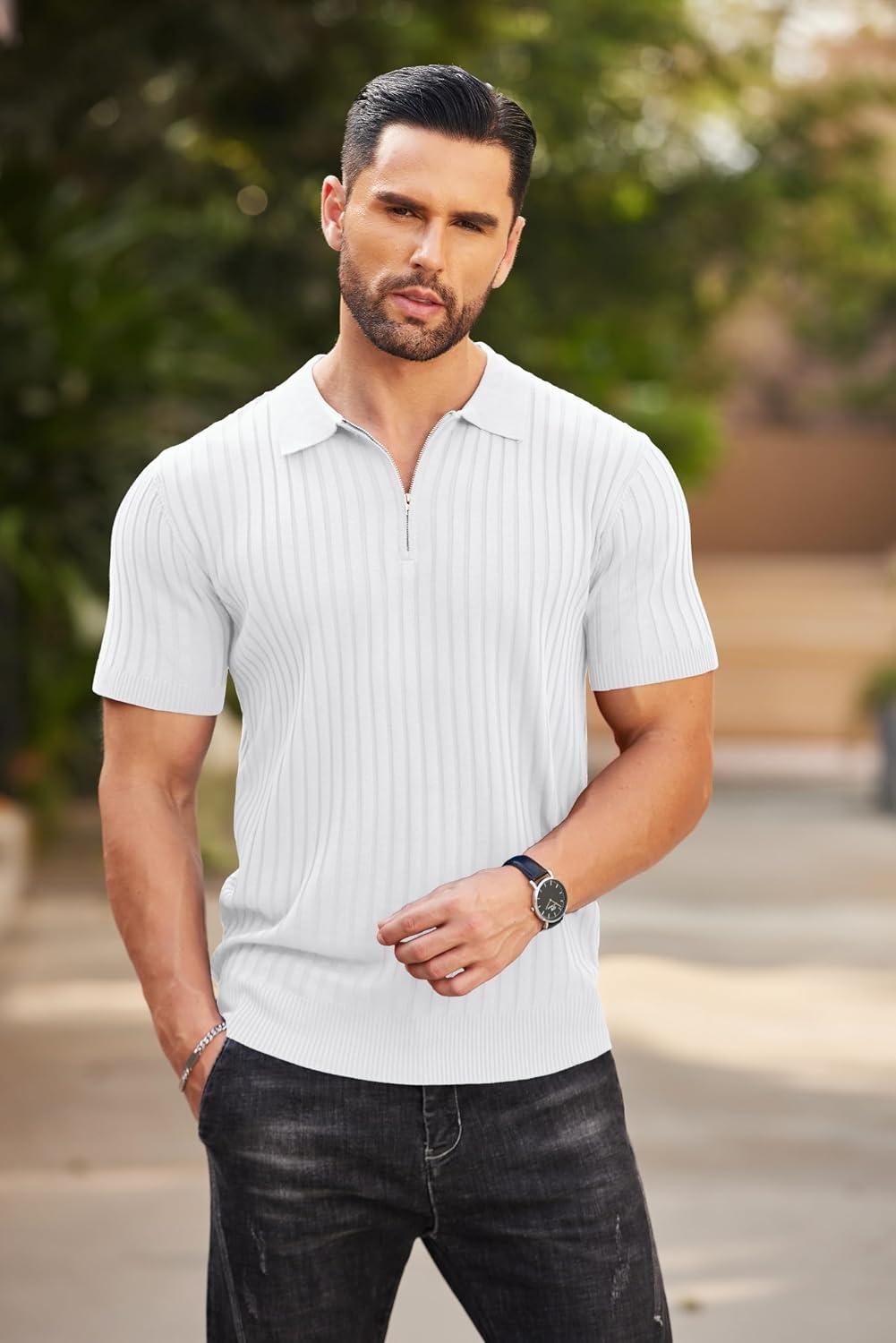 image:imageCOOFANDY Mens Quarter Zip Polo Shirt Short Sleeve Ribbed Knit Golf Tee Collared 14 Zip Textured Casual Business Shirt Lightweight Breathable Elastic T Shirt for MenWhite