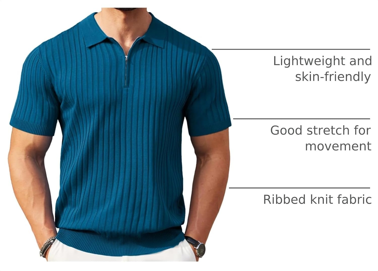 image:imageCOOFANDY Mens Quarter Zip Polo Shirt Short Sleeve Ribbed Knit Golf Tee Collared 14 Zip Textured Casual Business Shirt Lightweight Breathable Elastic T Shirt for MenDenim Blue
